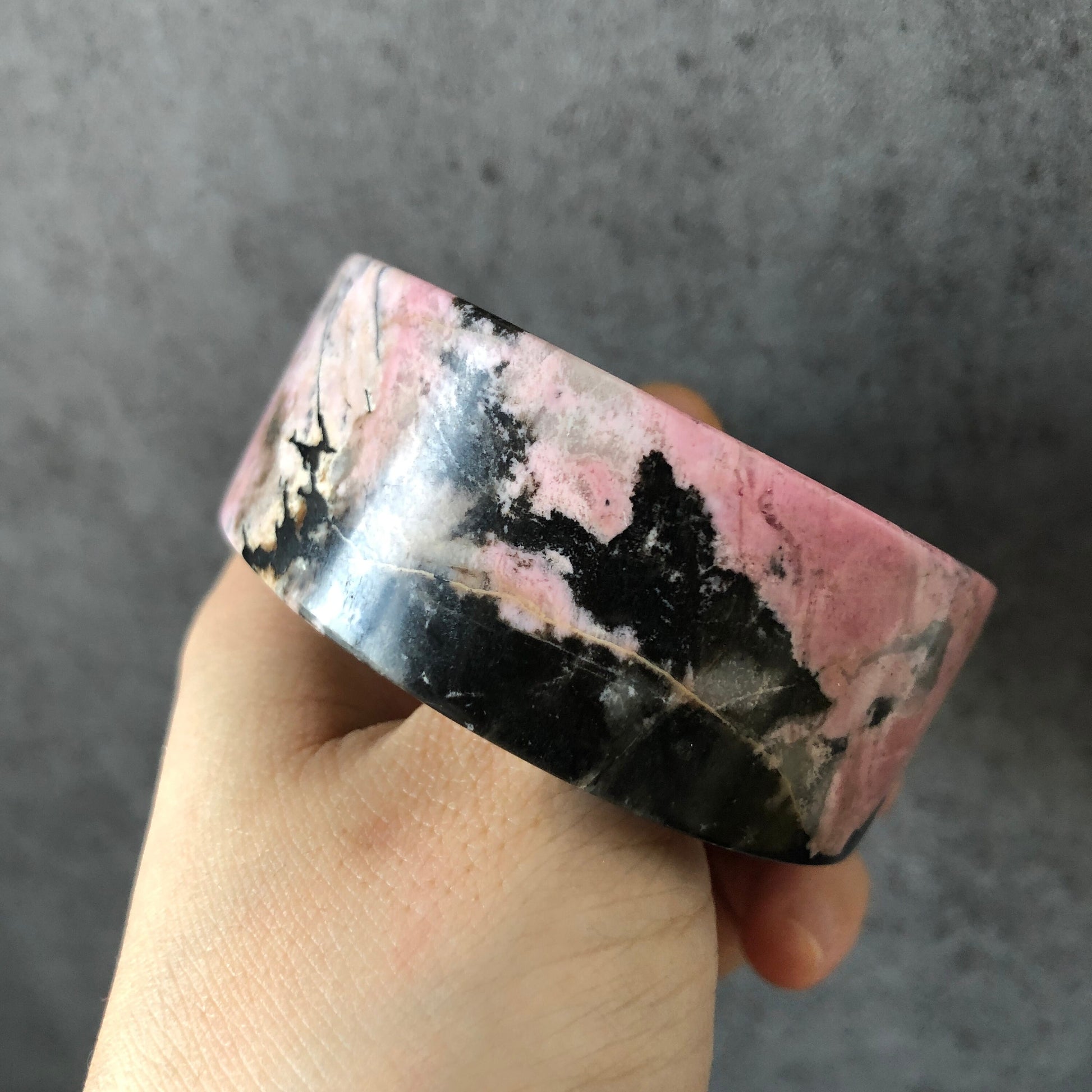 52.6mm High quality Natural Rhodonite Bangle Bracelet | Pink Granules with Black Ink | Icy and Translucent | Cool & Sweet | Crystal Bangle