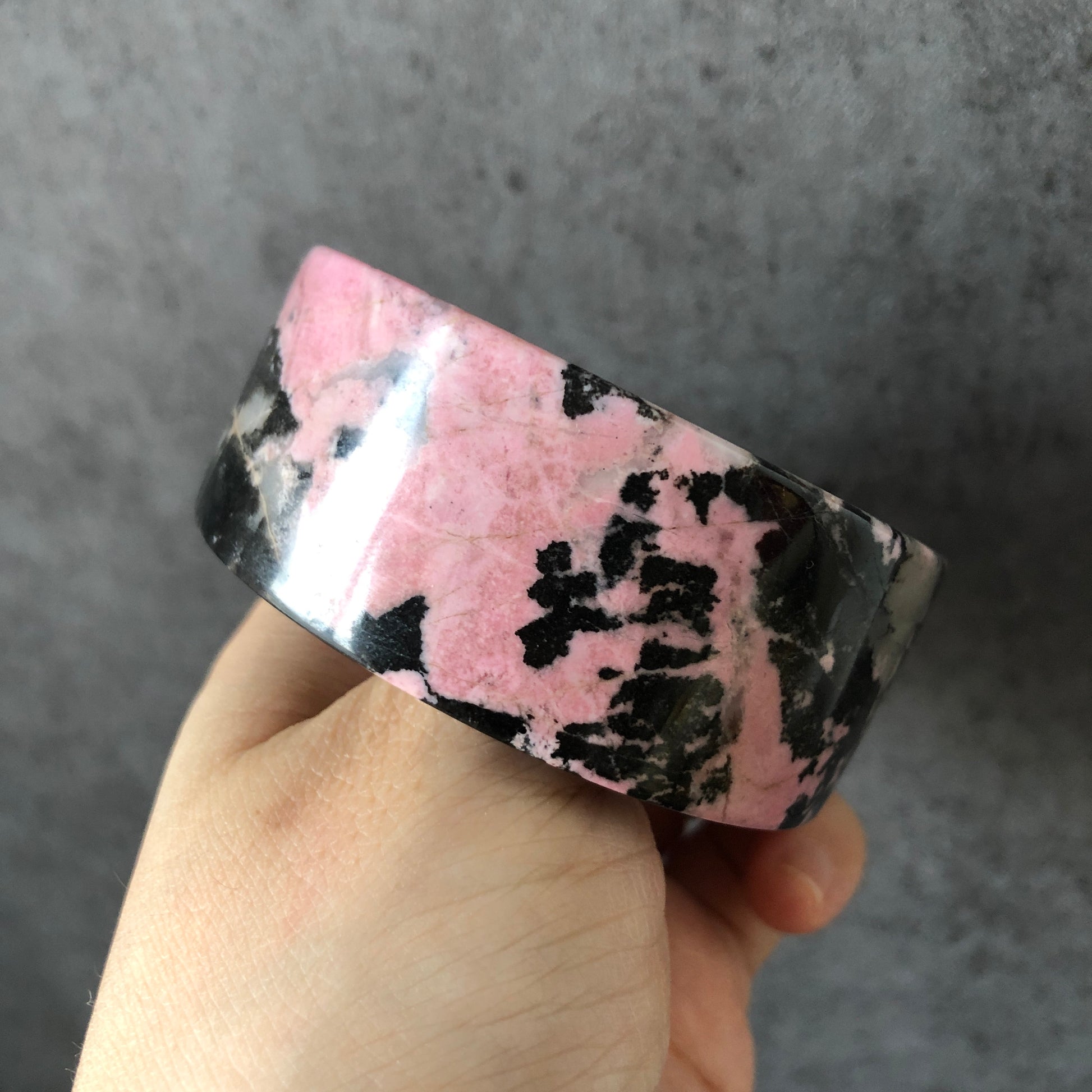 52.6mm High quality Natural Rhodonite Bangle Bracelet | Pink Granules with Black Ink | Icy and Translucent | Cool & Sweet | Crystal Bangle