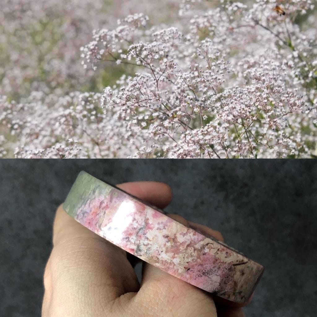 52.4mm High Quality Natural Rhodonite Bangle Bracelet | Matcha Green with Pink | Blooming flowers | Sweet and Poetic | Baby's breath flowers