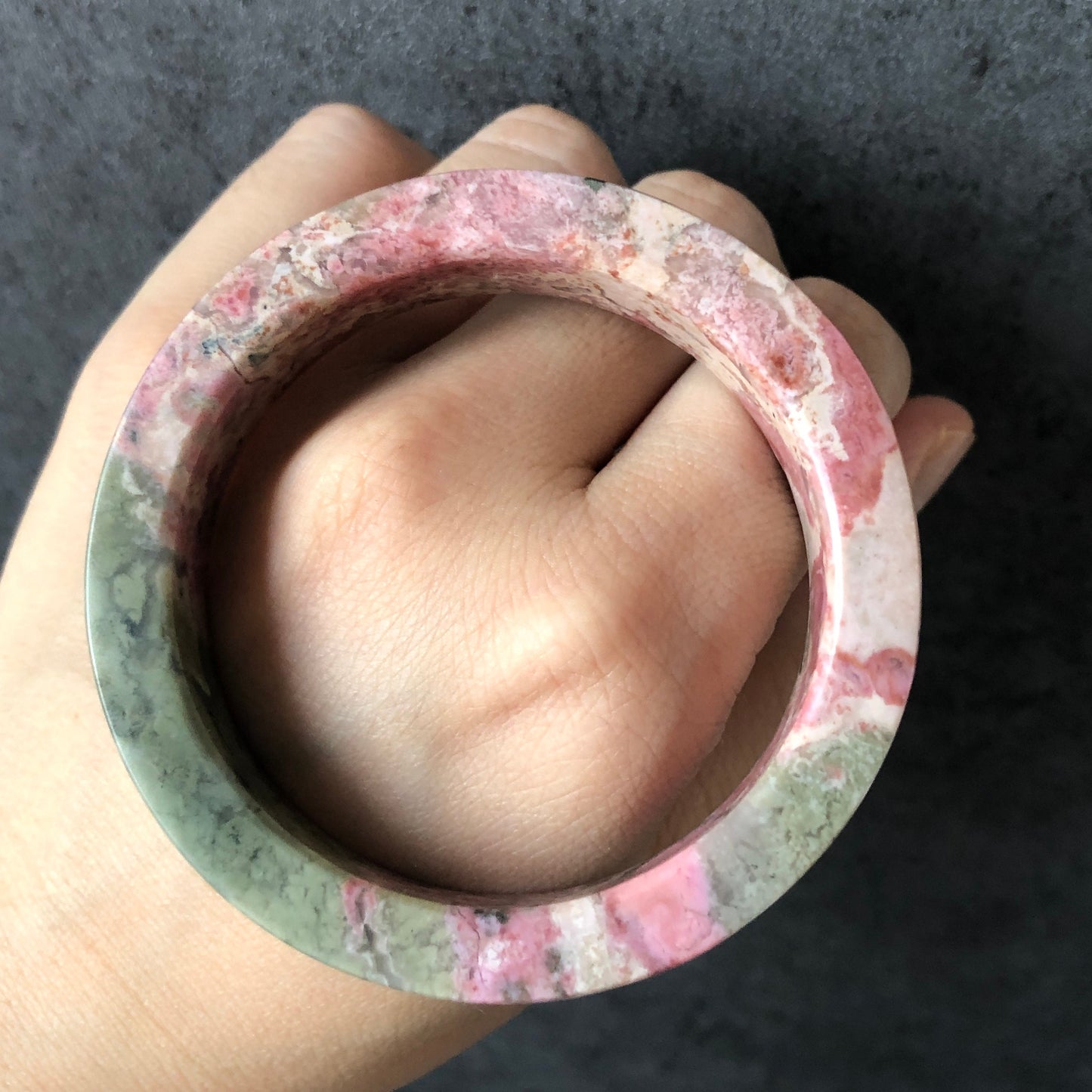 52.4mm High Quality Natural Rhodonite Bangle Bracelet | Matcha Green with Pink | Blooming flowers | Sweet and Poetic | Baby's breath flowers