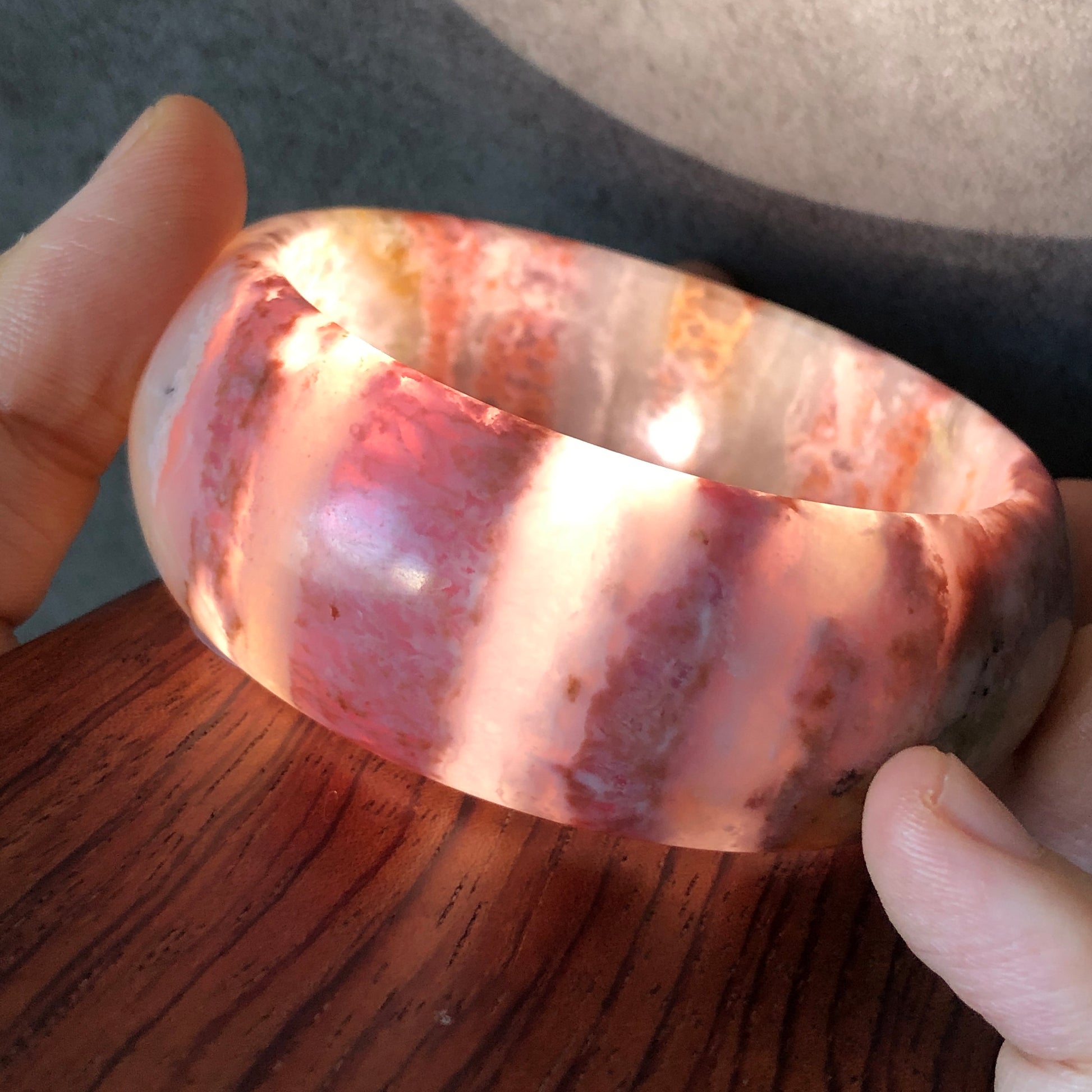 58.9mm Natural Rhodonite Stone Bangle Bracelet | Pink Strip | Crystal Gemstone Stone Bangle | Healing Stone Gift for Women | Raw Stone