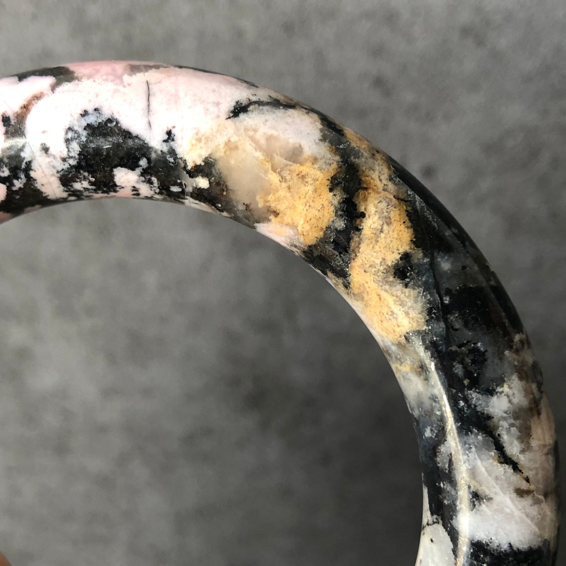 58.1mm High Quality Natural Rhodonite Bangle Bracelet | Snow Flurry | Black Ink with Milky Pink | Cool & Stylish | Crystal Bangle