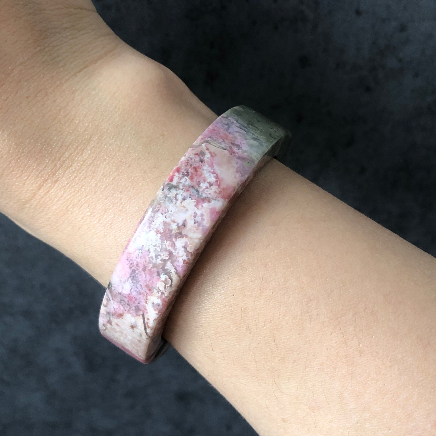 52.4mm High Quality Natural Rhodonite Bangle Bracelet | Matcha Green with Pink | Blooming flowers | Sweet and Poetic | Baby's breath flowers