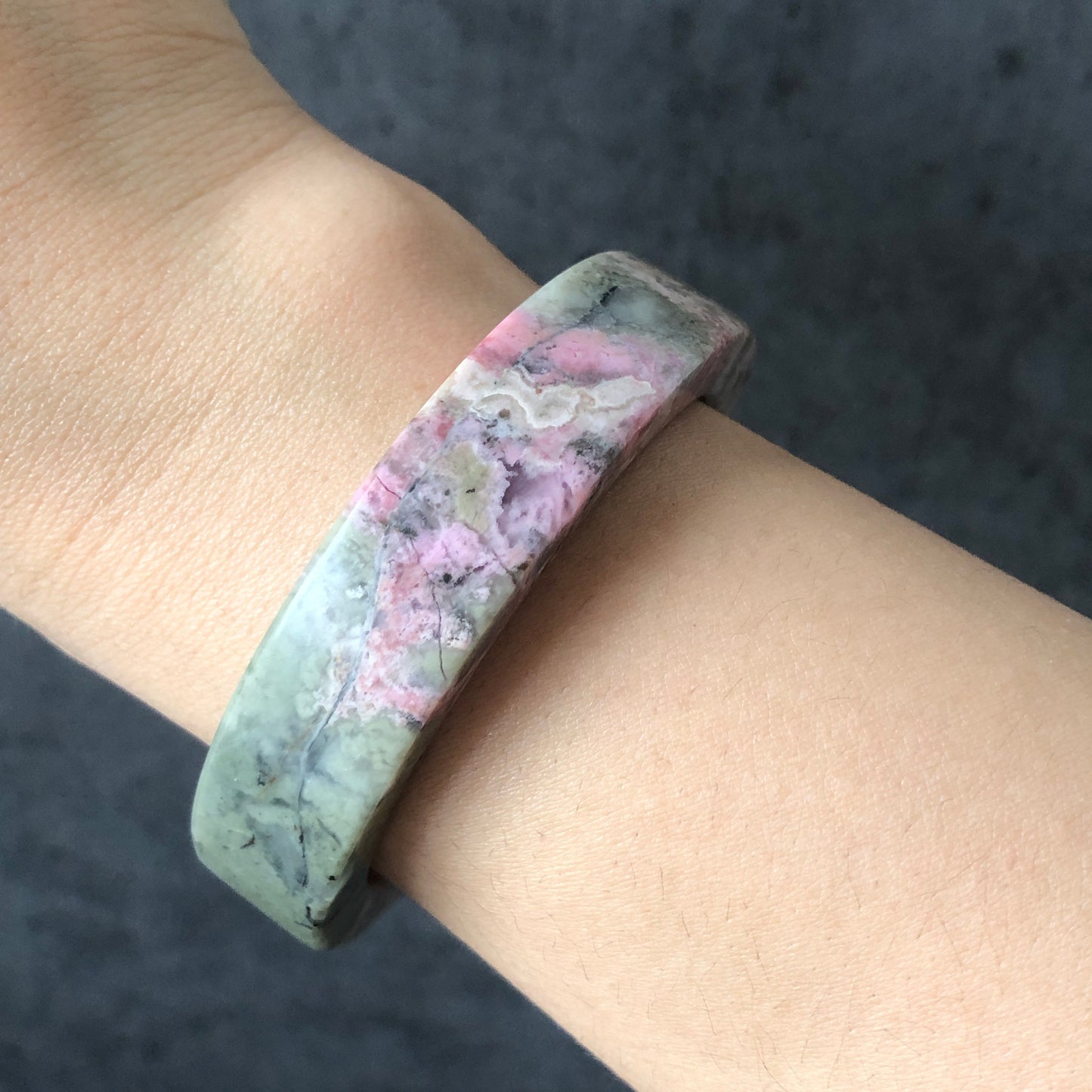 52.4mm High Quality Natural Rhodonite Bangle Bracelet | Matcha Green with Pink | Blooming flowers | Sweet and Poetic | Baby's breath flowers