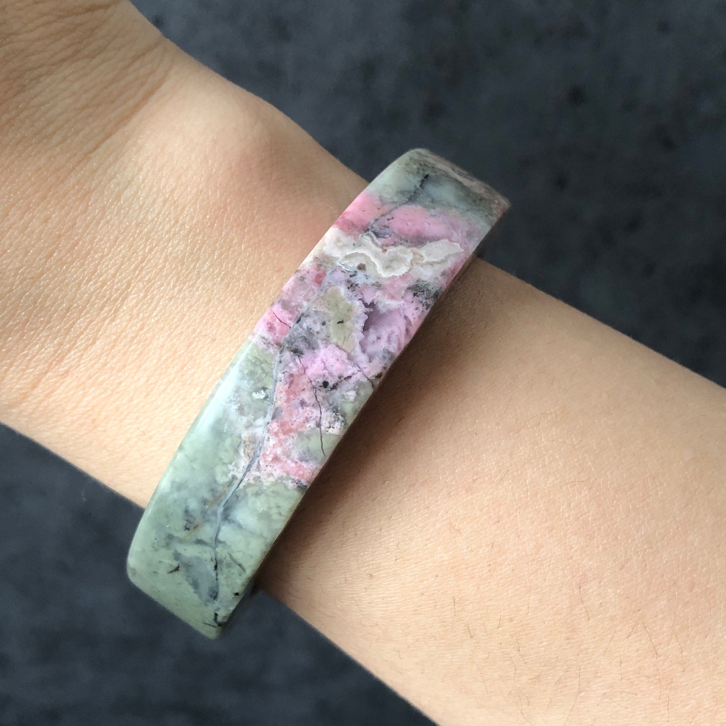 52.4mm High Quality Natural Rhodonite Bangle Bracelet | Matcha Green with Pink | Blooming flowers | Sweet and Poetic | Baby's breath flowers