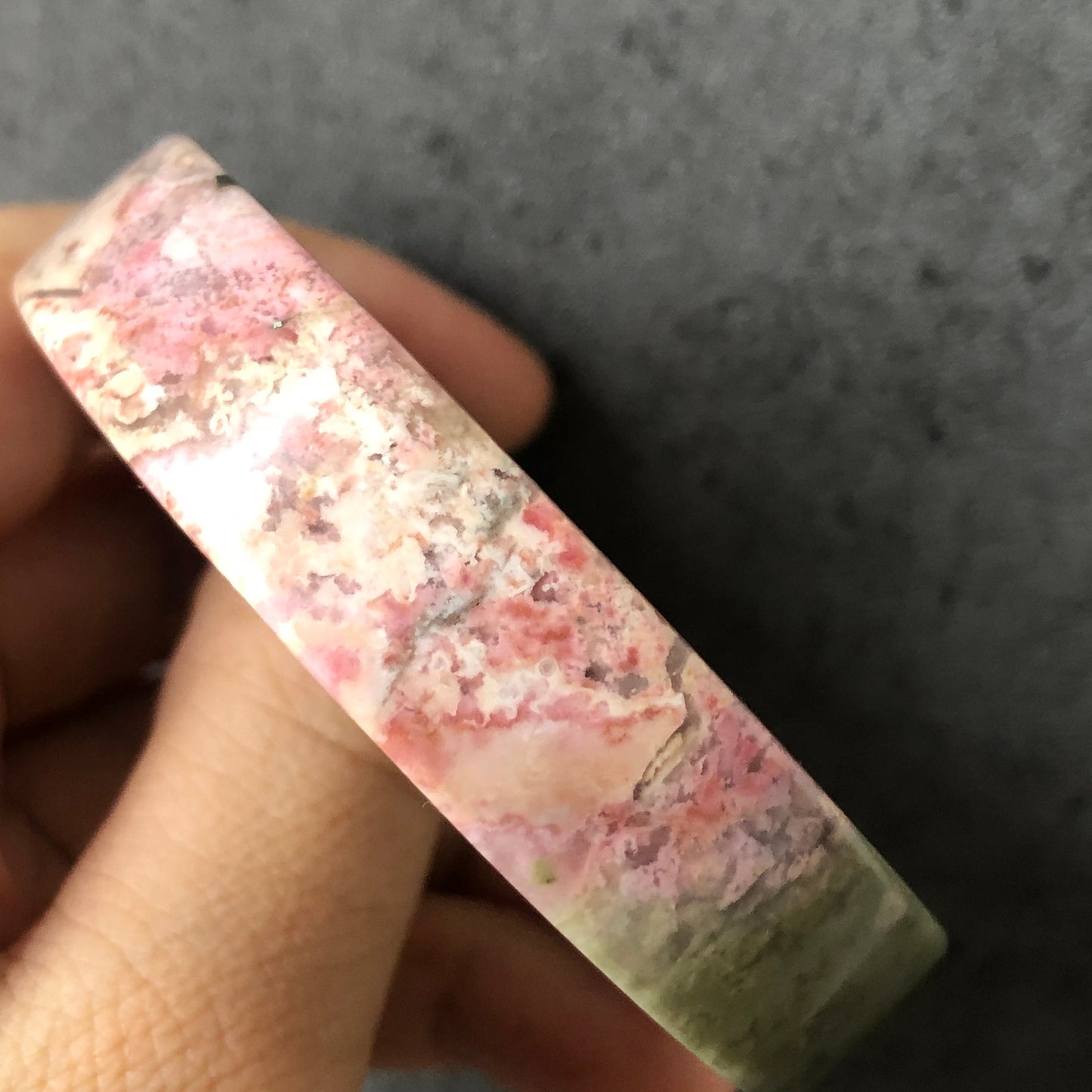 52.4mm High Quality Natural Rhodonite Bangle Bracelet | Matcha Green with Pink | Blooming flowers | Sweet and Poetic | Baby's breath flowers