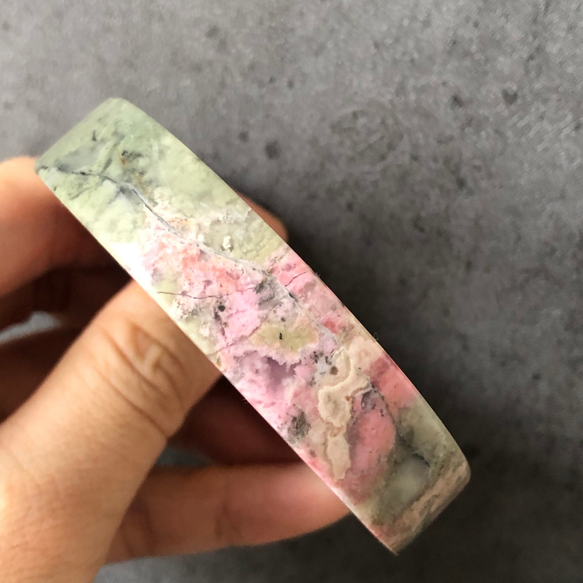 52.4mm High Quality Natural Rhodonite Bangle Bracelet | Matcha Green with Pink | Blooming flowers | Sweet and Poetic | Baby's breath flowers