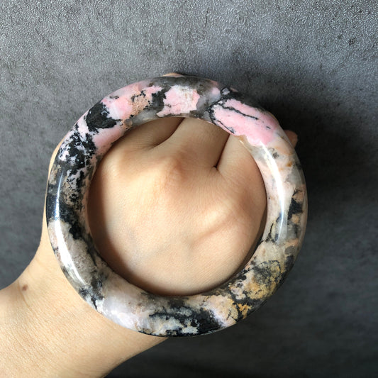 58.1mm High Quality Natural Rhodonite Bangle Bracelet | Snow Flurry | Black Ink with Milky Pink | Cool & Stylish | Crystal Bangle