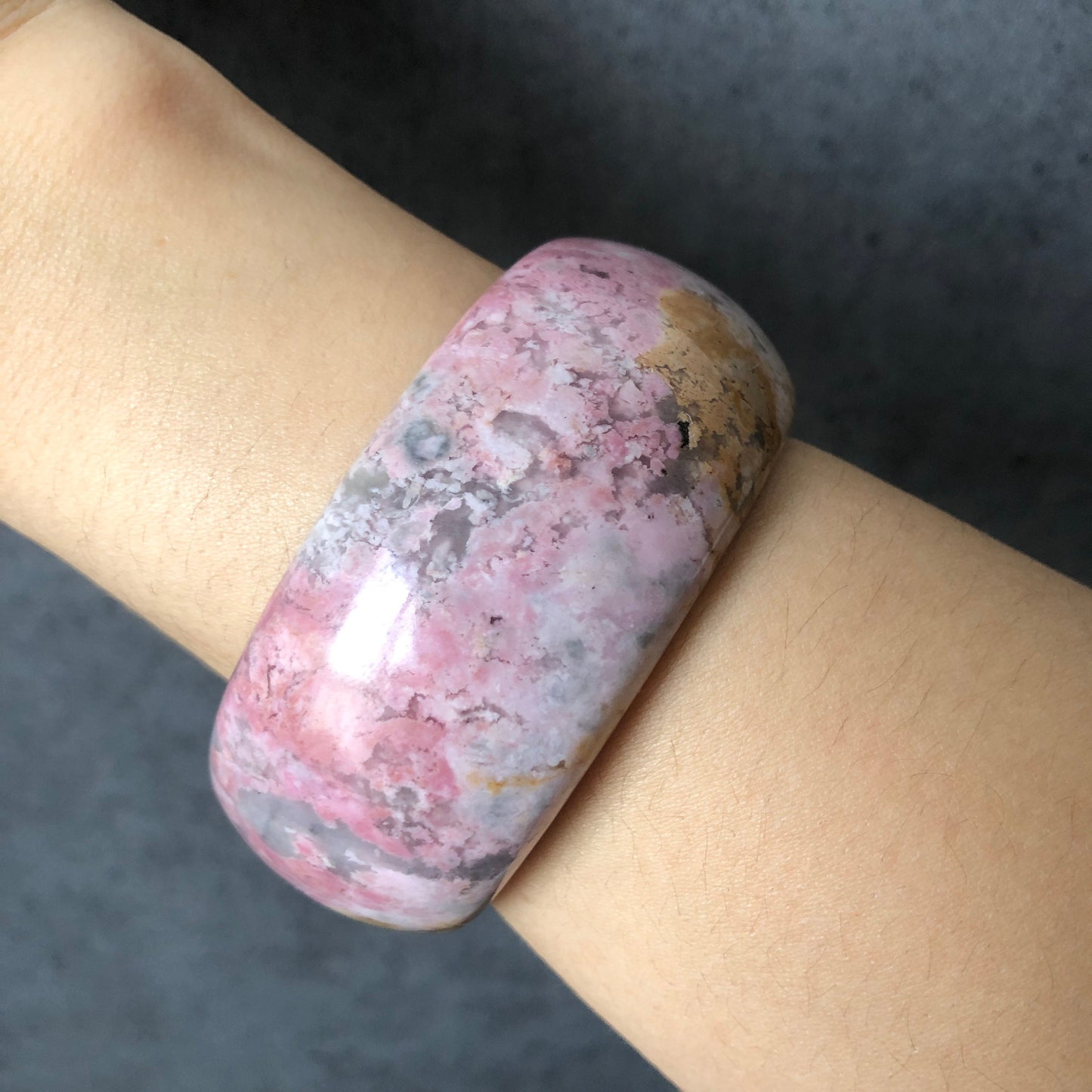 56.8mm Natural Rhodonite Stone Bangle Bracelet | Autumn Garden | Blooming flower | Pink Crystal Gemstone Bangle | Healing Stone Gift for her, wide stone bangle, raw stone bangle, pink gemstone bracelet, pink rock bangle for women, rhodonite jewelry