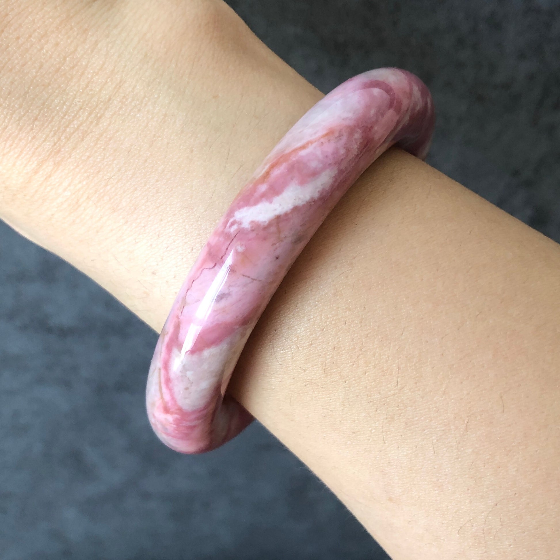 52.6mm Natural Rhodonite Bangle Bracelet | Pink Cloud | Baby Pink Crystal Bangle | Raw Stone Bangle | Gemstone Bracelet | Healing Stone Gift, rosy pink bangle, bangle for women, pink gemstone, pink rhodonite jewelry, bracelet for women, love stone