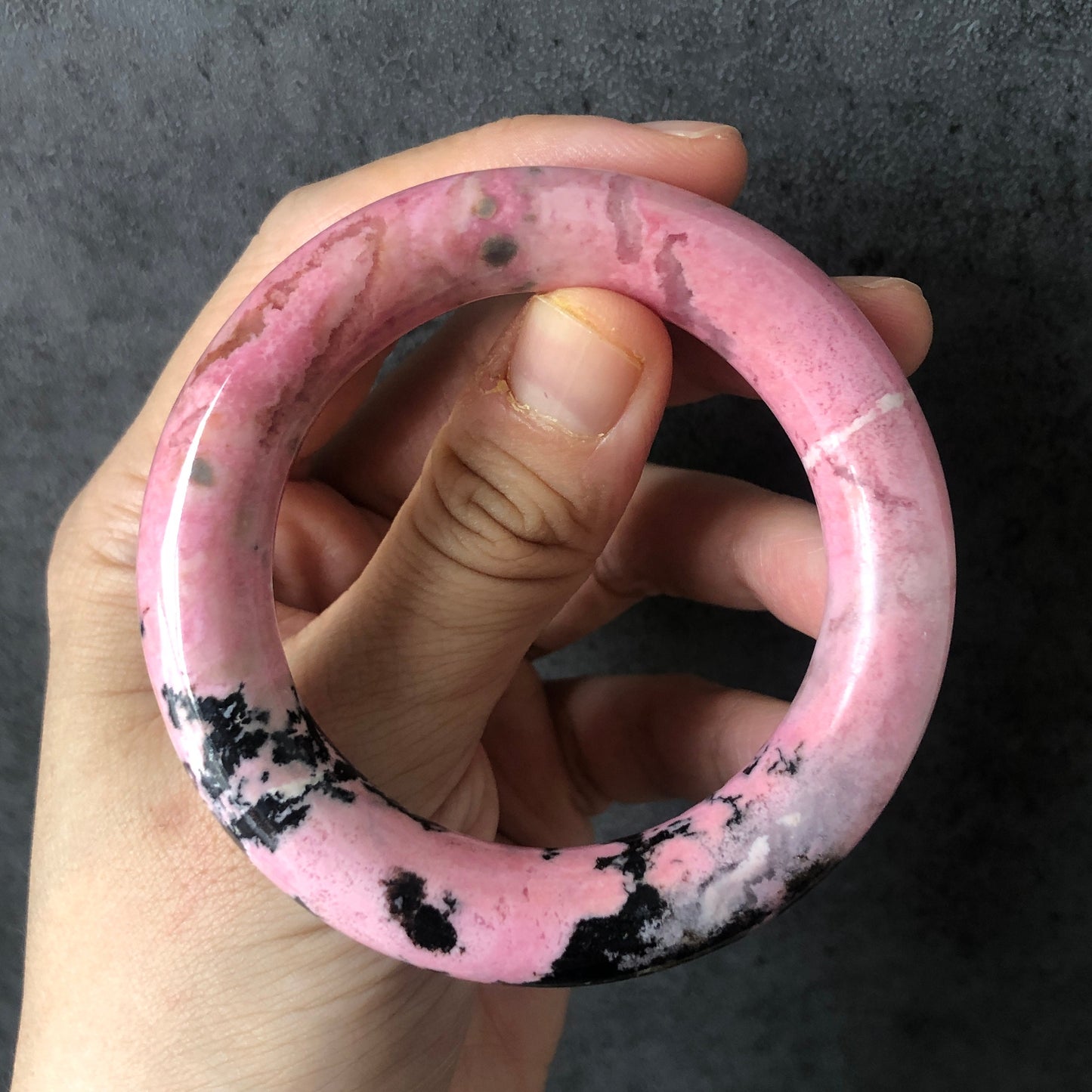 50mm Natural Rhodonite Stone Bangle Bracelet | Pink & Black Ink | Barbie Baby Pink Crystal Gemstone Kid Bangle | Healing Stone Gift for Her