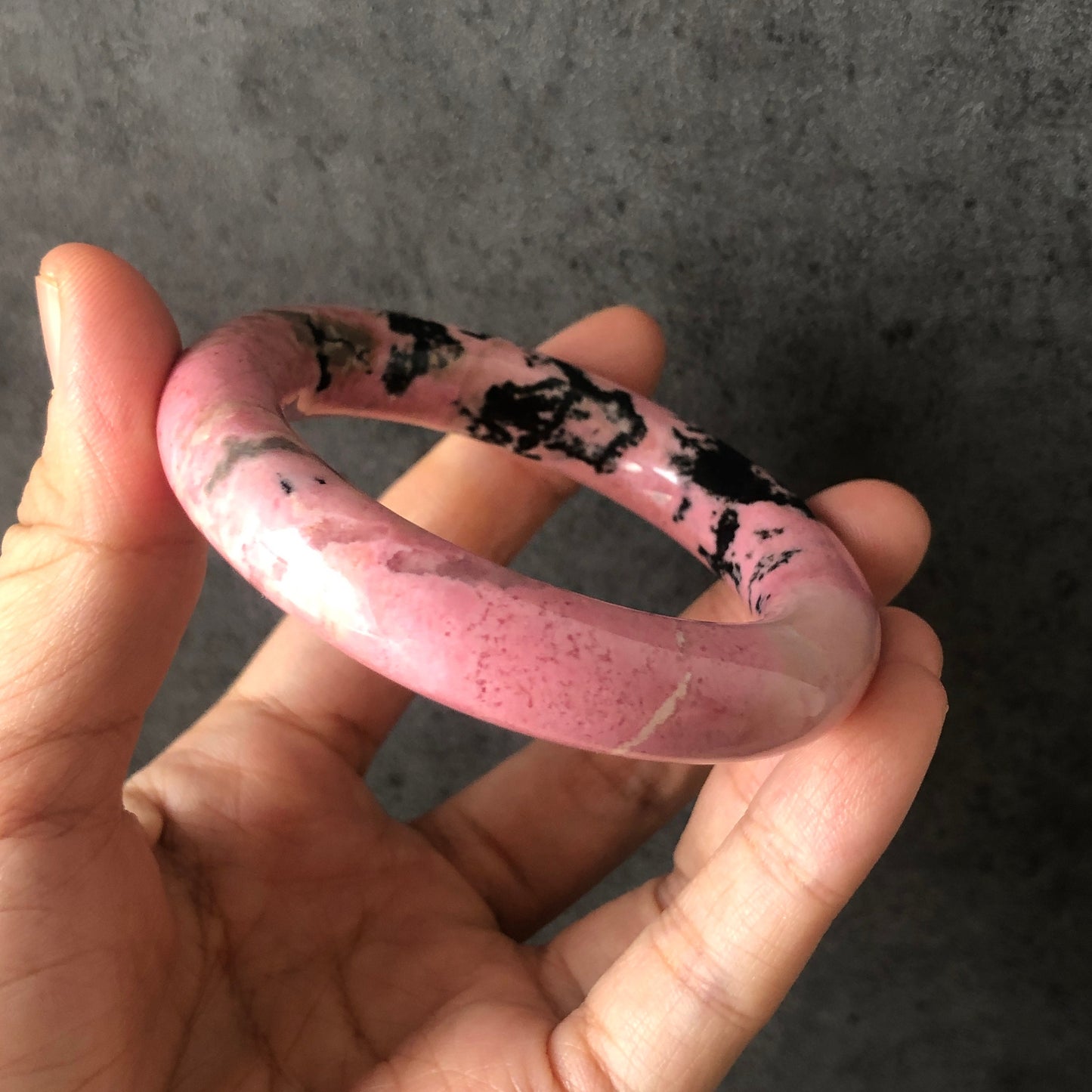 50mm Natural Rhodonite Stone Bangle Bracelet | Pink & Black Ink | Barbie Baby Pink Crystal Gemstone Kid Bangle | Healing Stone Gift for Her