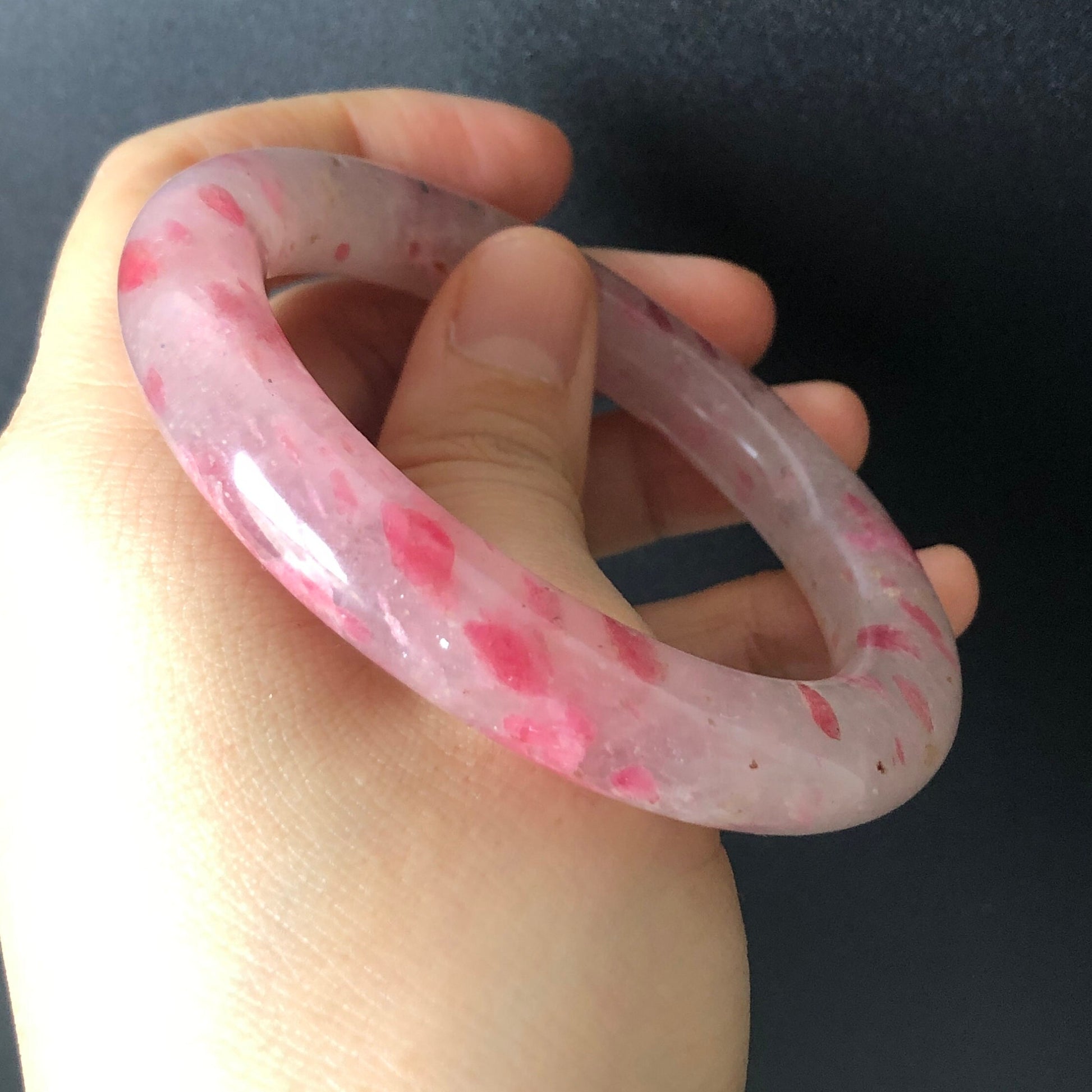 56.5mm Natural Icy Rhodonite Bangle | Milky Pink Sakura Rain Plum Cherry Blossom | Raw Stone Bracelet Crystal Bangle | Healing Stone Gift