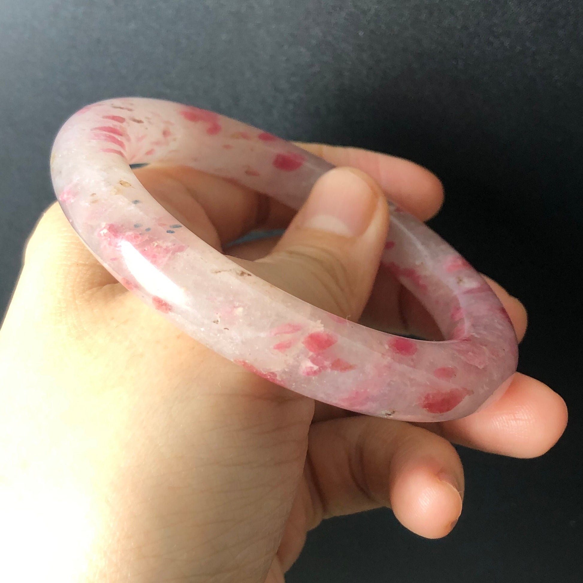 56.5mm Natural Icy Rhodonite Bangle | Milky Pink Sakura Rain Plum Cherry Blossom | Raw Stone Bracelet Crystal Bangle | Healing Stone Gift