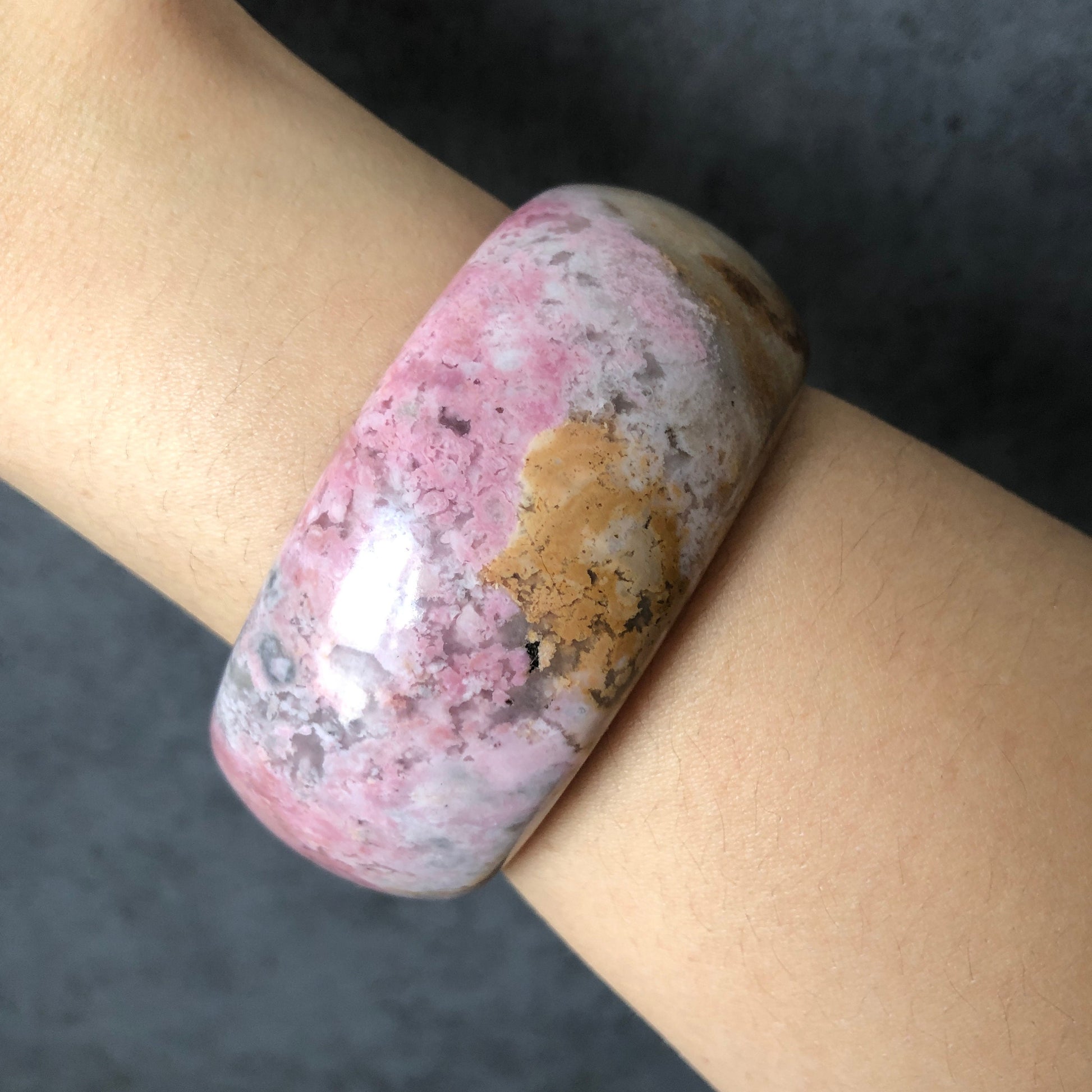 56.8mm Natural Rhodonite Stone Bangle Bracelet | Autumn Garden | Blooming flower | Pink Crystal Gemstone Bangle | Healing Stone Gift for her, wide stone bangle, raw stone bangle, pink gemstone bracelet, pink rock bangle for women, rhodonite jewelry