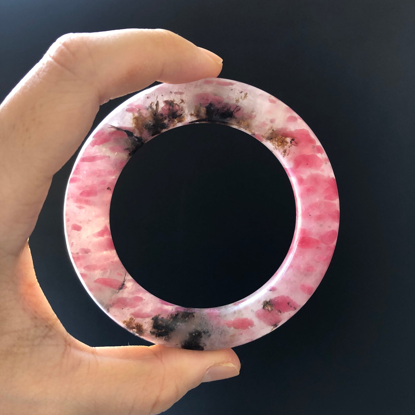 54.8mm Natural Icy Rhodonite Bangle | Danqing Chinese Painting | Sakura Rain Cherry Blossom | Crystal Gemstone Bracelet | Healing Stone Gift