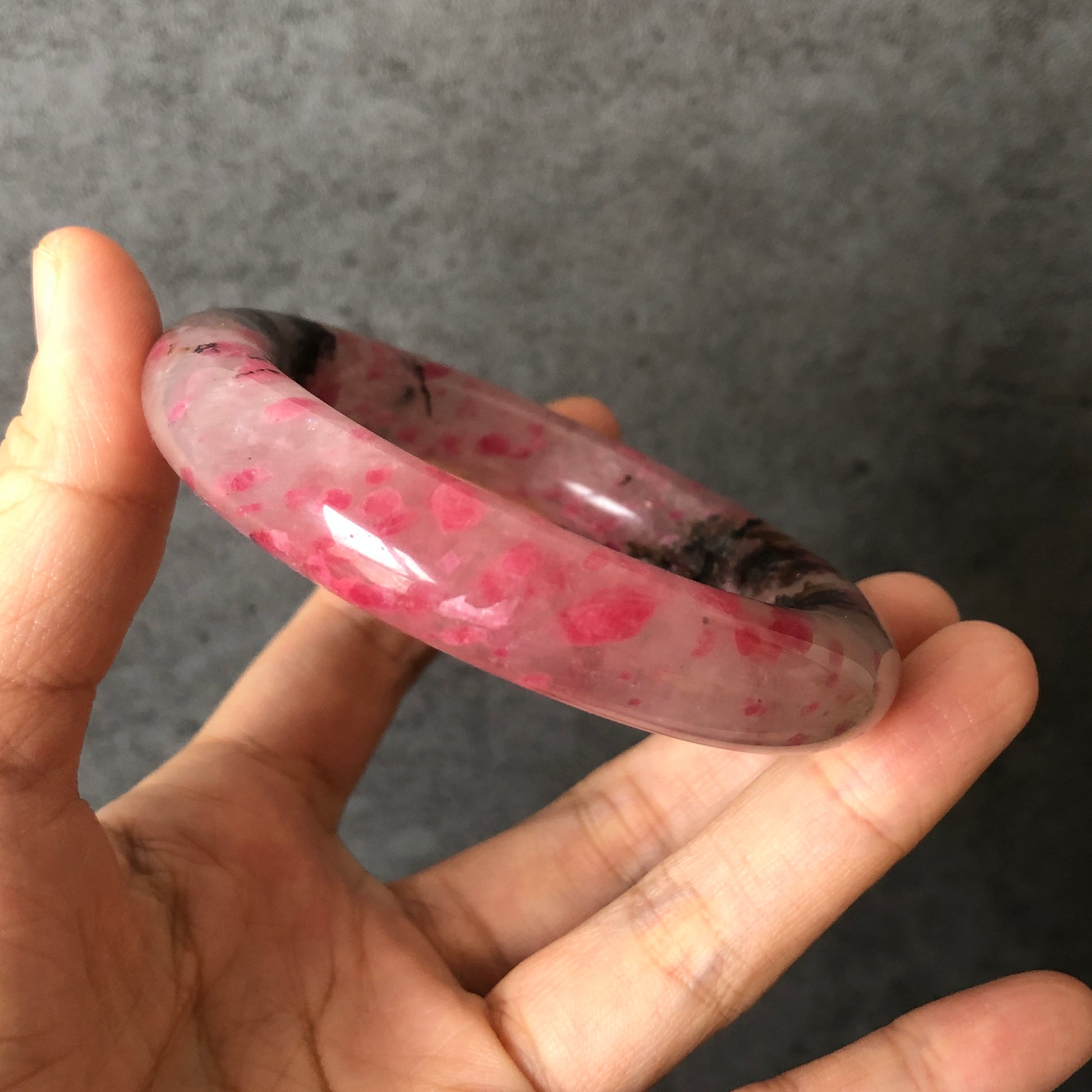 54.8mm Natural Icy Rhodonite Bangle | Danqing Chinese Painting | Sakura Rain Cherry Blossom | Crystal Gemstone Bracelet | Healing Stone Gift