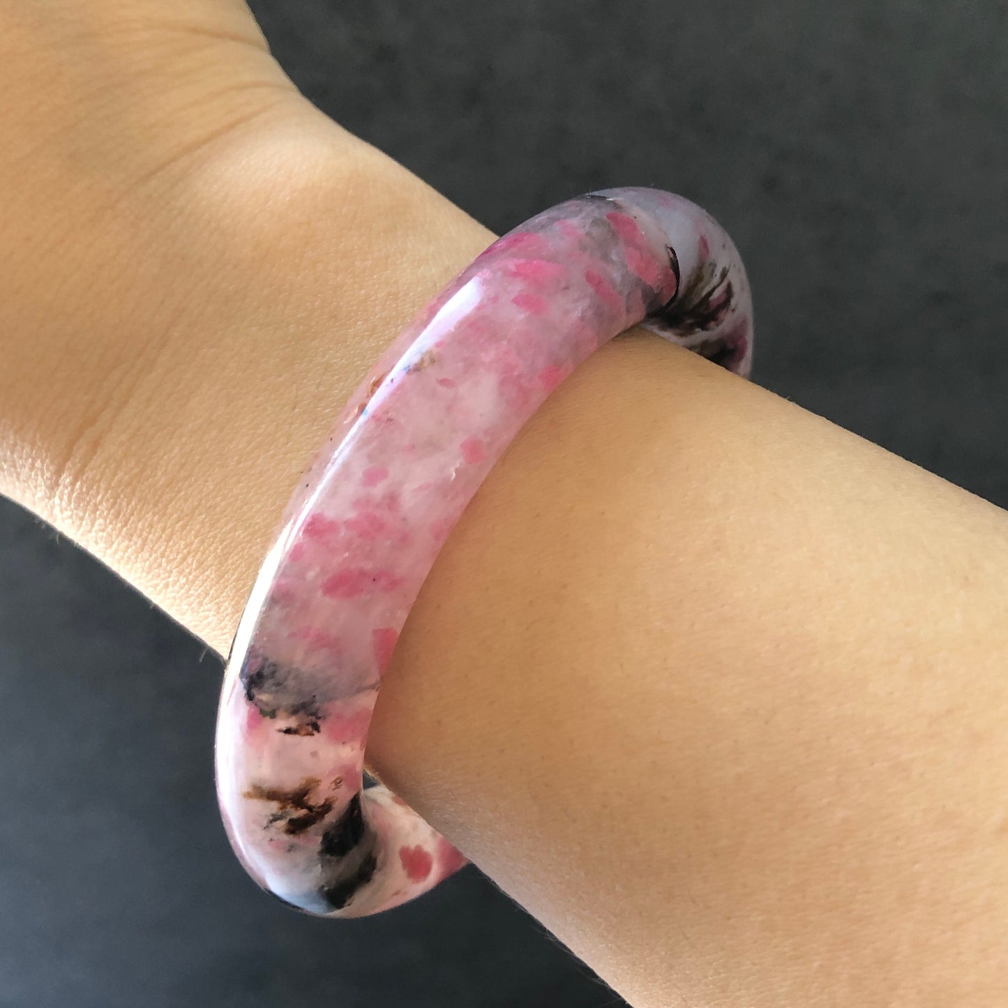 54.8mm Natural Icy Rhodonite Bangle | Danqing Chinese Painting | Sakura Rain Cherry Blossom | Crystal Gemstone Bracelet | Healing Stone Gift