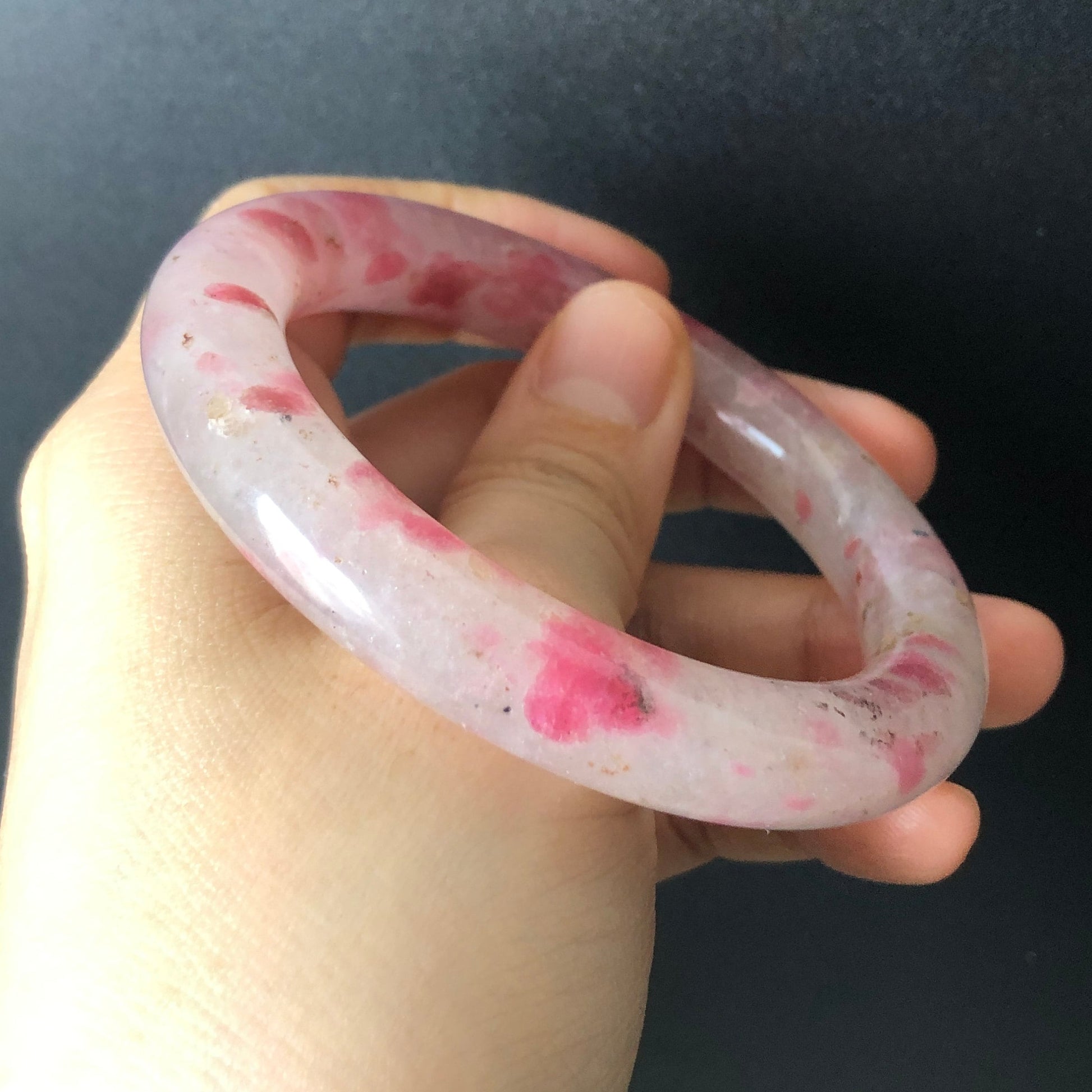 56.5mm Natural Icy Rhodonite Bangle | Milky Pink Sakura Rain Plum Cherry Blossom | Raw Stone Bracelet Crystal Bangle | Healing Stone Gift