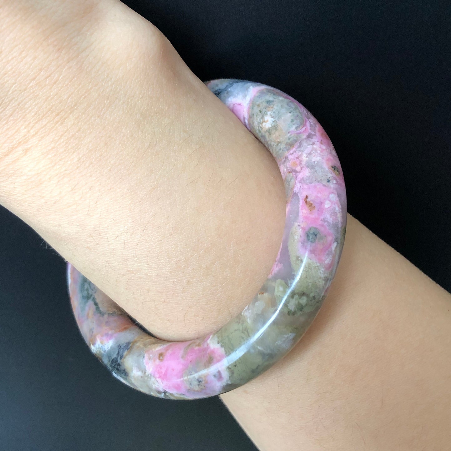 53.9mm Natural Rhodonite Stone Bangle Bracelet | Green, Pink & Porcelain Blue | Rock Concert in Fairyland |  Healing Crystal Gemstone Gift