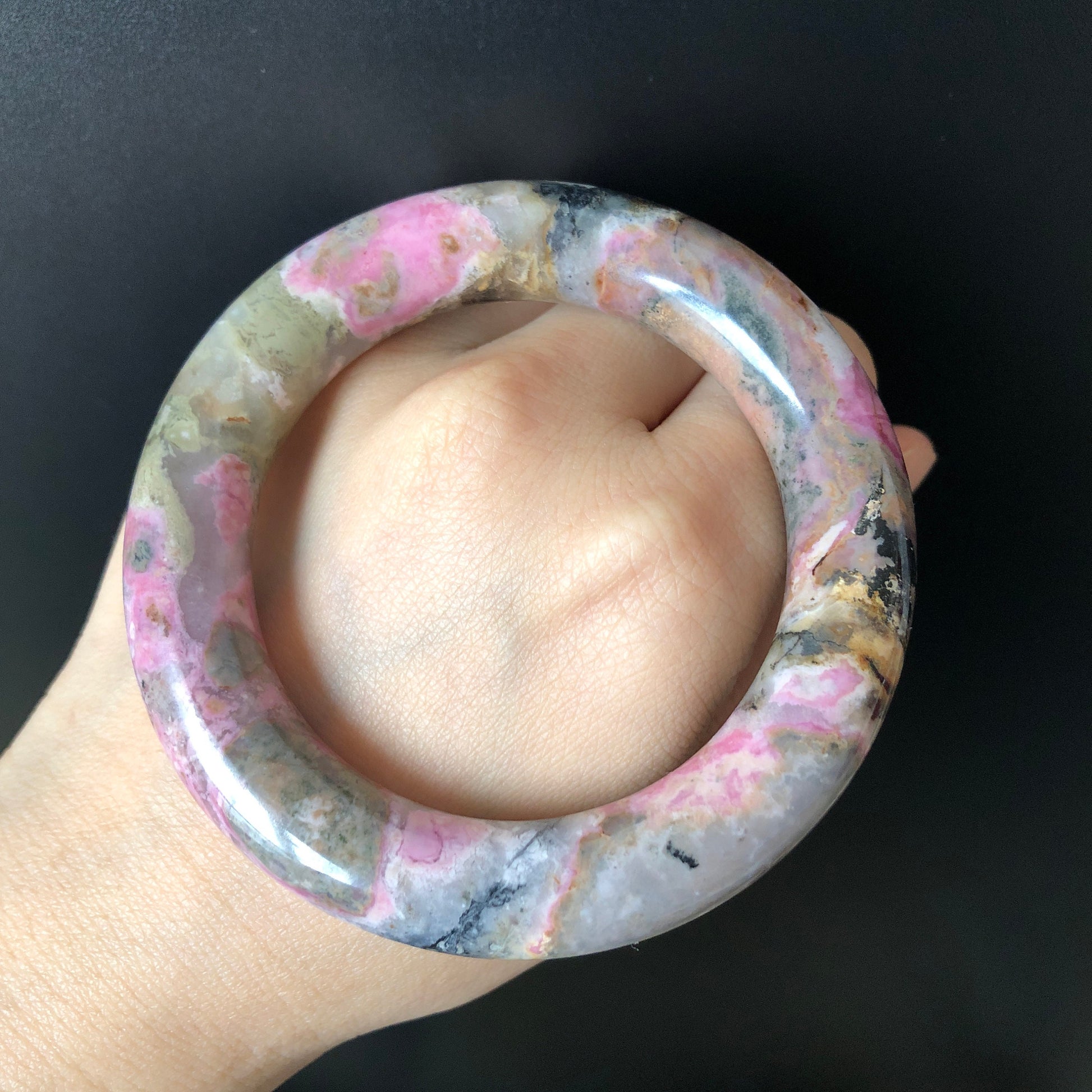 53.9mm Natural Rhodonite Stone Bangle Bracelet | Green, Pink & Porcelain Blue | Rock Concert in Fairyland |  Healing Crystal Gemstone Gift