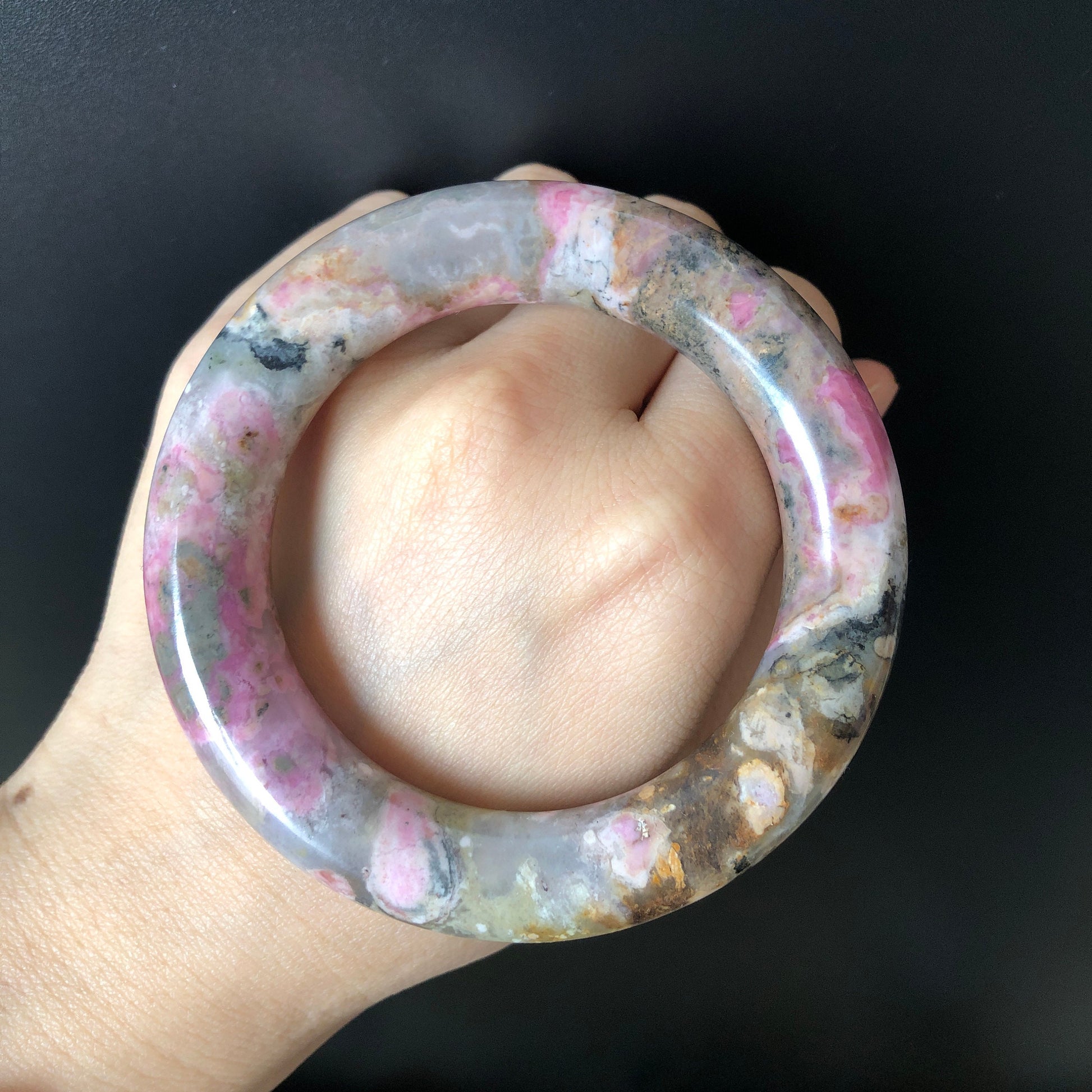 53.9mm Natural Rhodonite Stone Bangle Bracelet | Green, Pink & Porcelain Blue | Rock Concert in Fairyland |  Healing Crystal Gemstone Gift