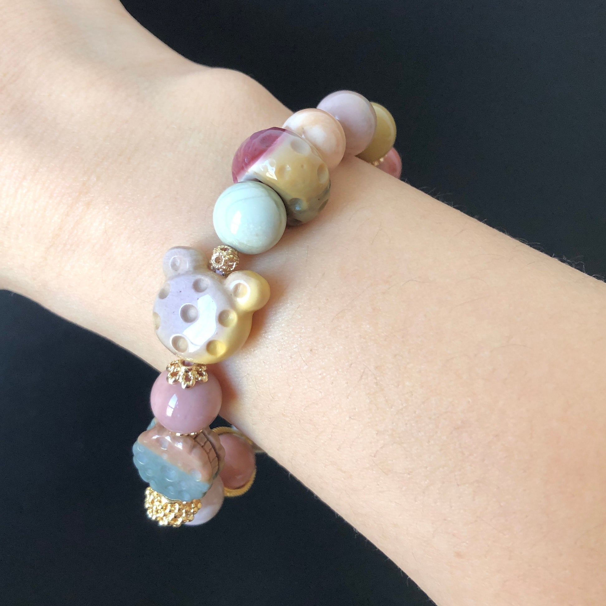 Alashan Agate M&M Cookies Donut carved Charm Bead Bracelet | Dessert Combo | Colourful Macaroon | Crystal Bracelet | DIY Beads |Candy Sweet