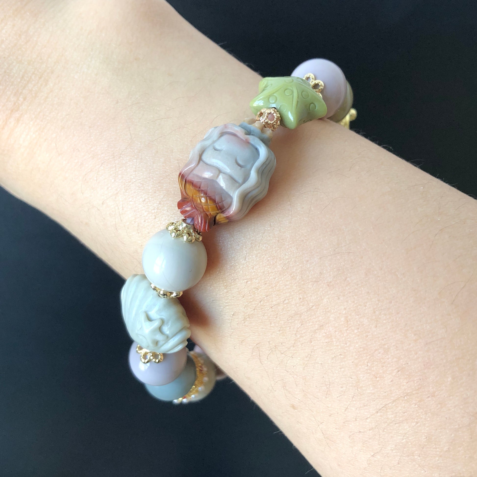 Alashan Agate Mermaid with Star Fish and Seashell carved Charm Bead Bracelet | Morandi blue purple color | Crystal Gemstone DIY Bracelet