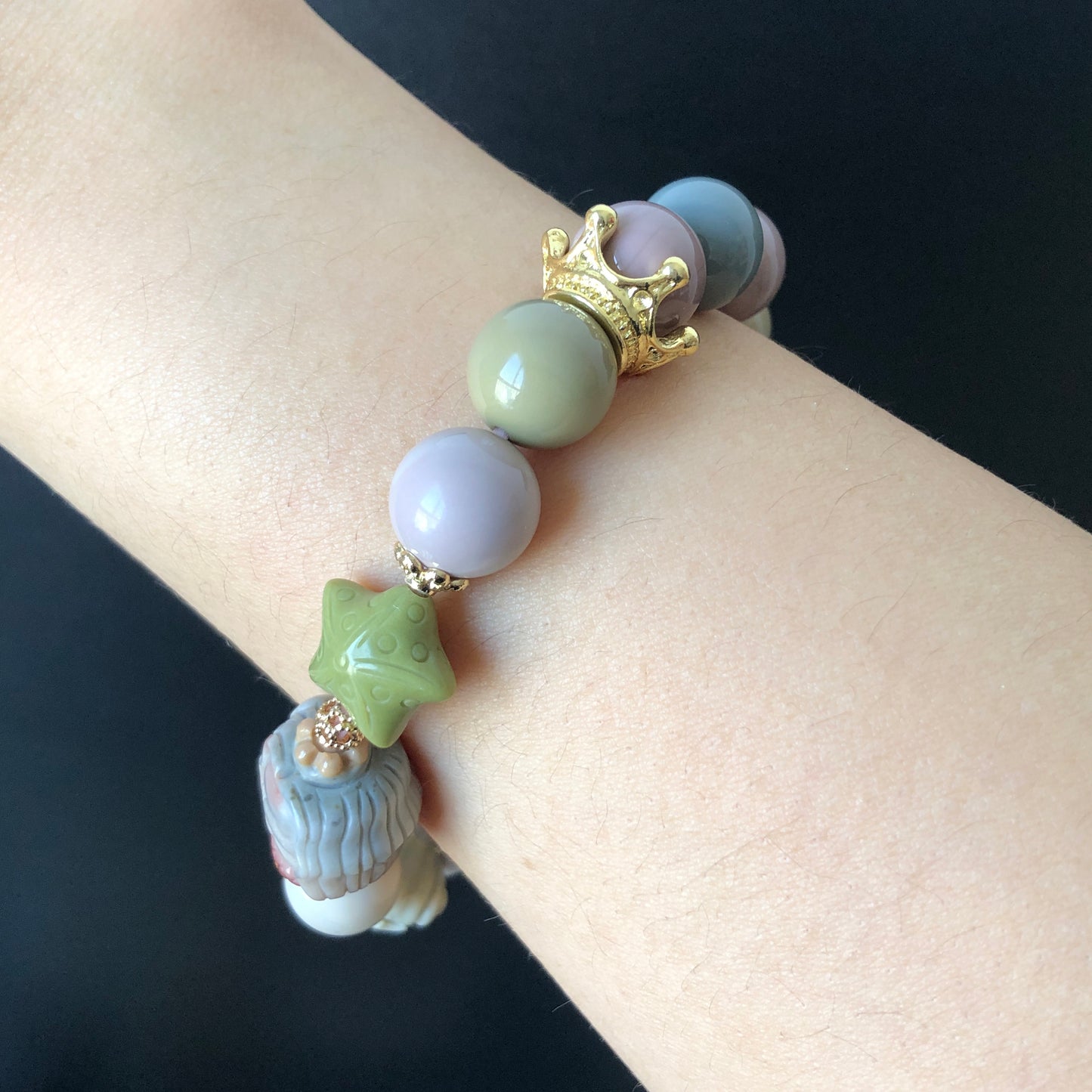 Alashan Agate Mermaid with Star Fish and Seashell carved Charm Bead Bracelet | Morandi blue purple color | Crystal Gemstone DIY Bracelet