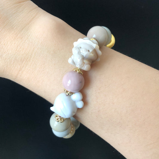 Alashan Agate Bunny Rabbite with Carrot carved Charm Bead Bracelet | Creamy Milkshake Macaroon | Crystal DIY | Easter Holiday | Rabbit Year