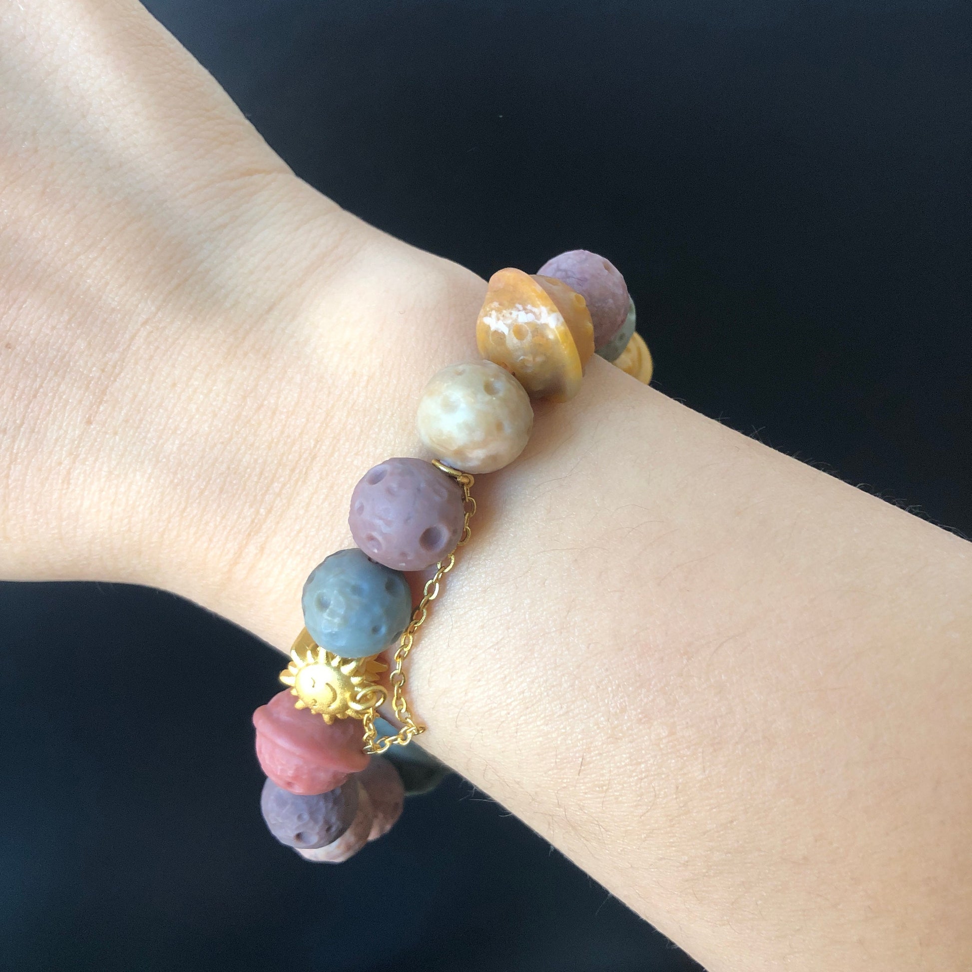 Natural Alashan Agate astronaut with Planet and meteorite carved Charm Bead Bracelet | Colourful Rainbow | Crystal Gemstone DIY Bracelet