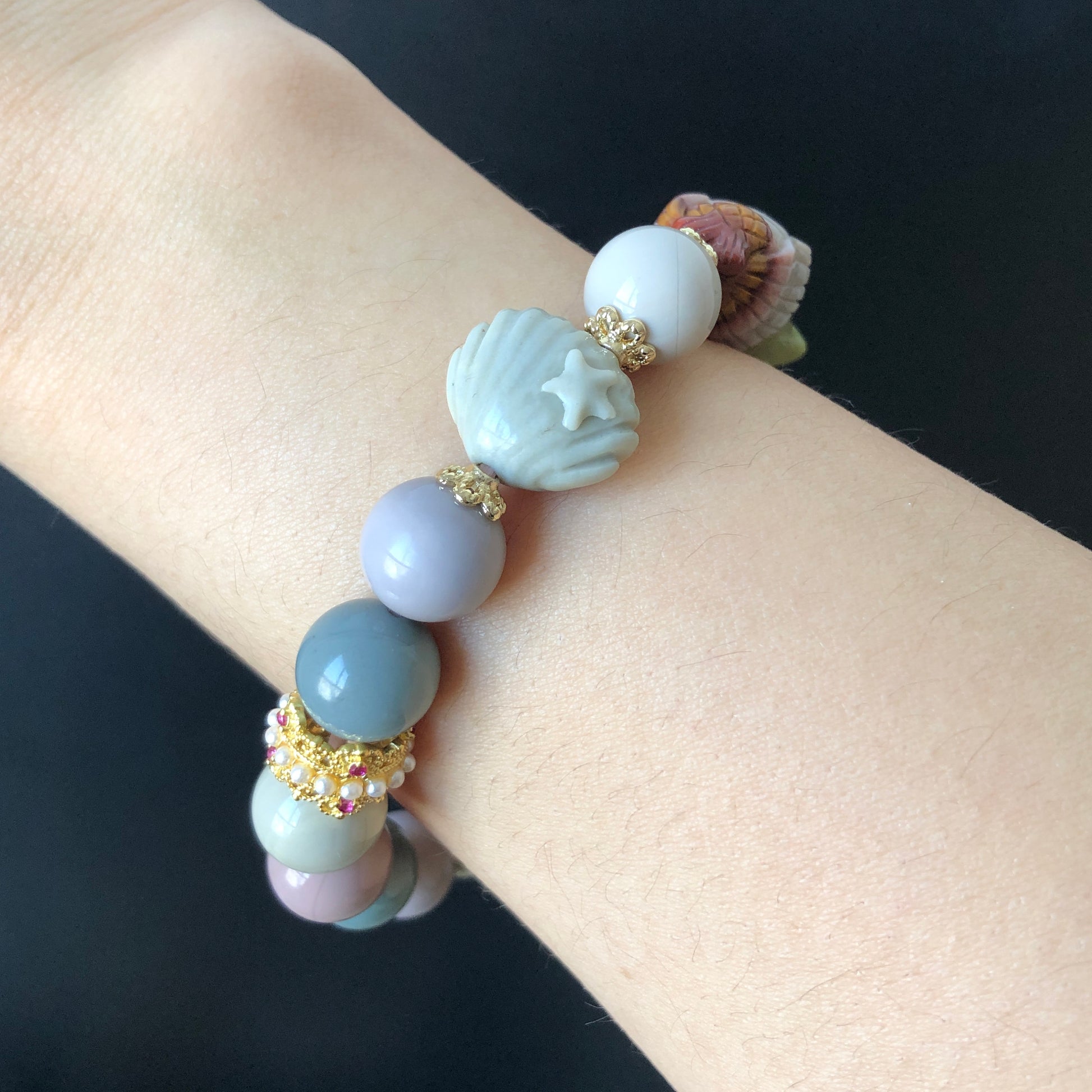 Alashan Agate Mermaid with Star Fish and Seashell carved Charm Bead Bracelet | Morandi blue purple color | Crystal Gemstone DIY Bracelet