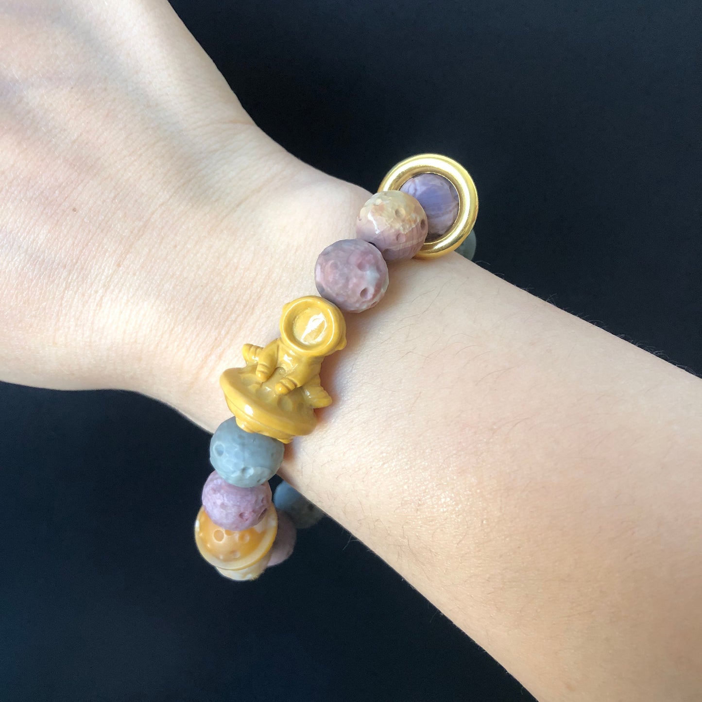 Natural Alashan Agate astronaut with Planet and meteorite carved Charm Bead Bracelet | Colourful Rainbow | Crystal Gemstone DIY Bracelet