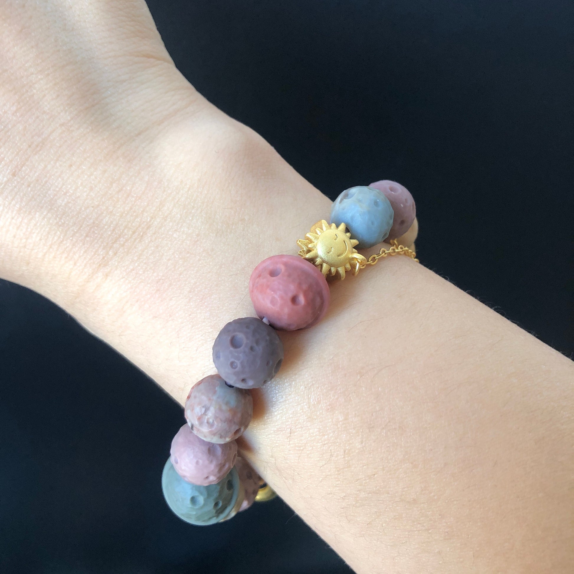 Natural Alashan Agate astronaut with Planet and meteorite carved Charm Bead Bracelet | Colourful Rainbow | Crystal Gemstone DIY Bracelet