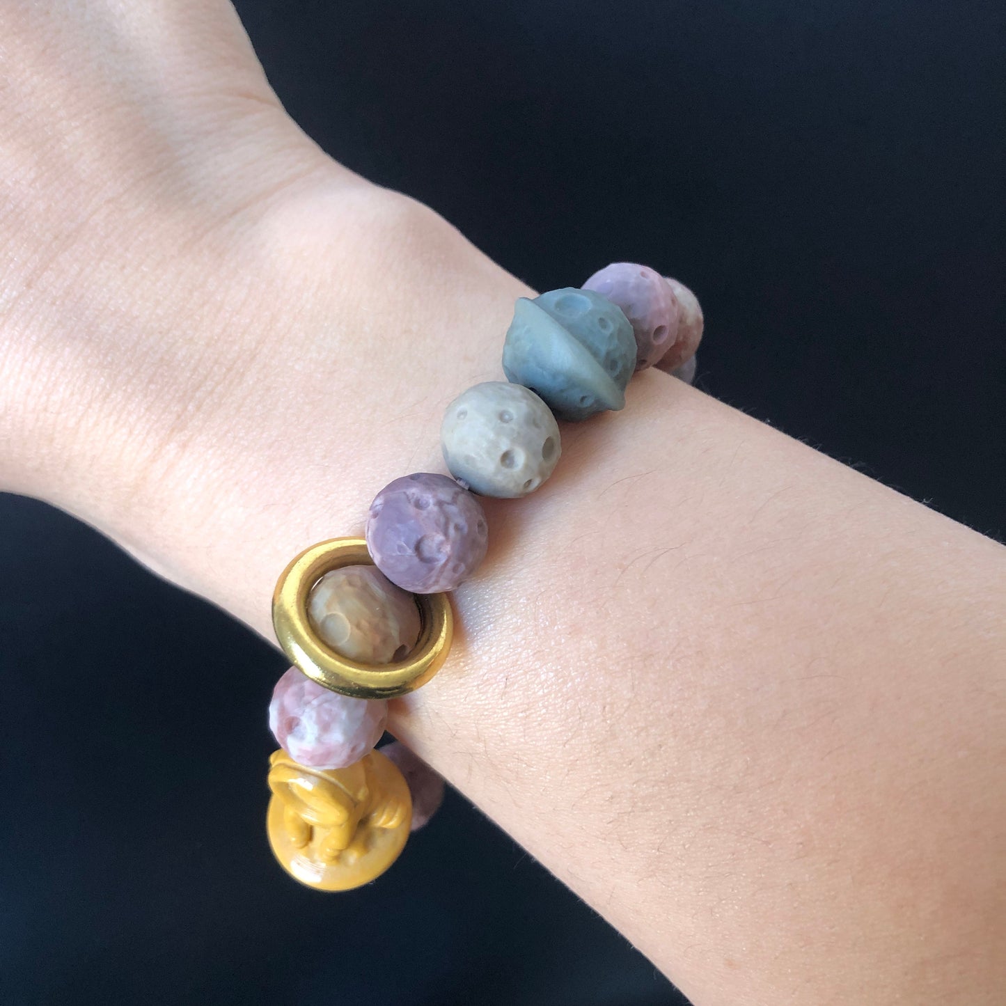 Natural Alashan Agate astronaut with Planet and meteorite carved Charm Bead Bracelet | Colourful Rainbow | Crystal Gemstone DIY Bracelet