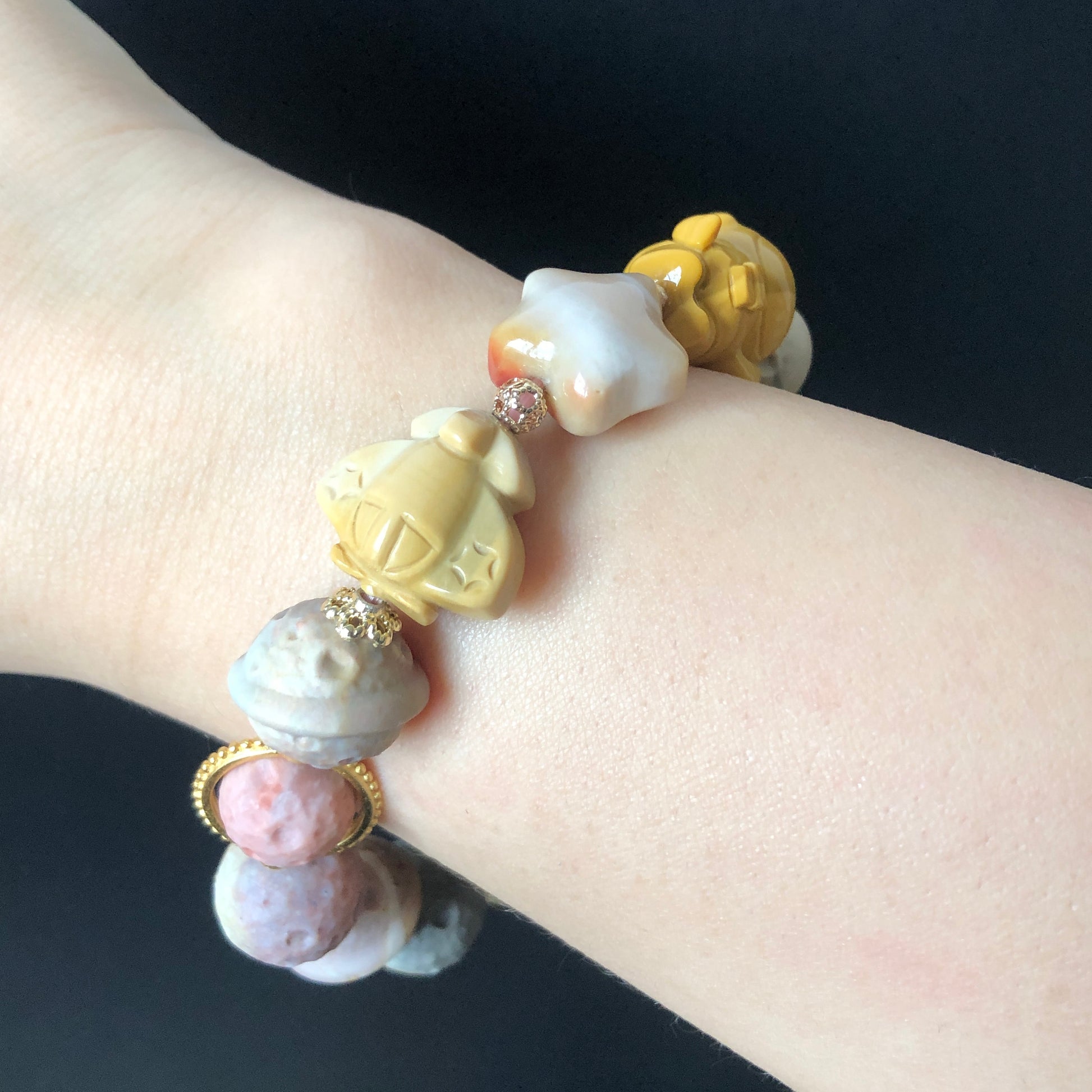 Alashan Agate astronaut with Planet, Meteorite, Star and Plane carved Charm Bead Bracelet | Swirl Pattern | Crystal Gemstone DIY Bracelet