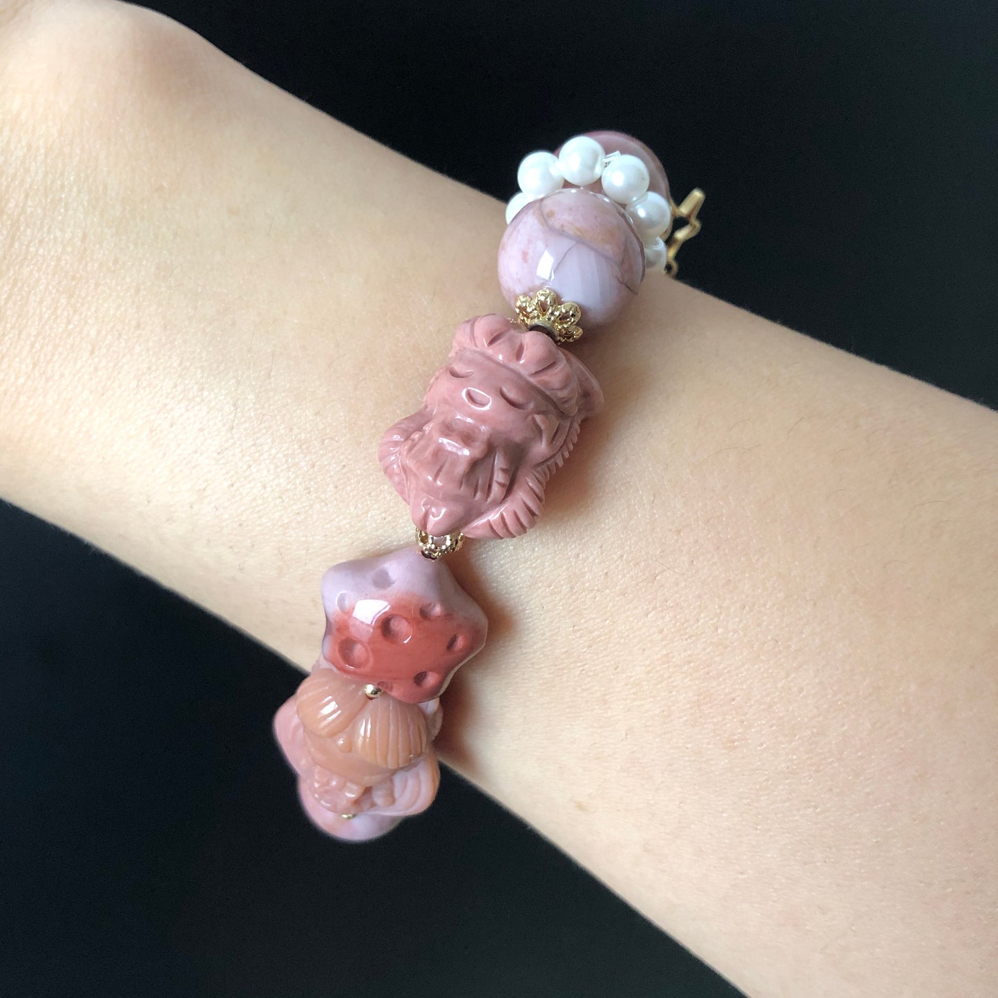 Alashan Agate Sailor Moon & Sailor Mars handmade Carved Charm Dangler Bead Bracelet | Dried Rose | Gemstone Jewellery | DIY Crystal gift