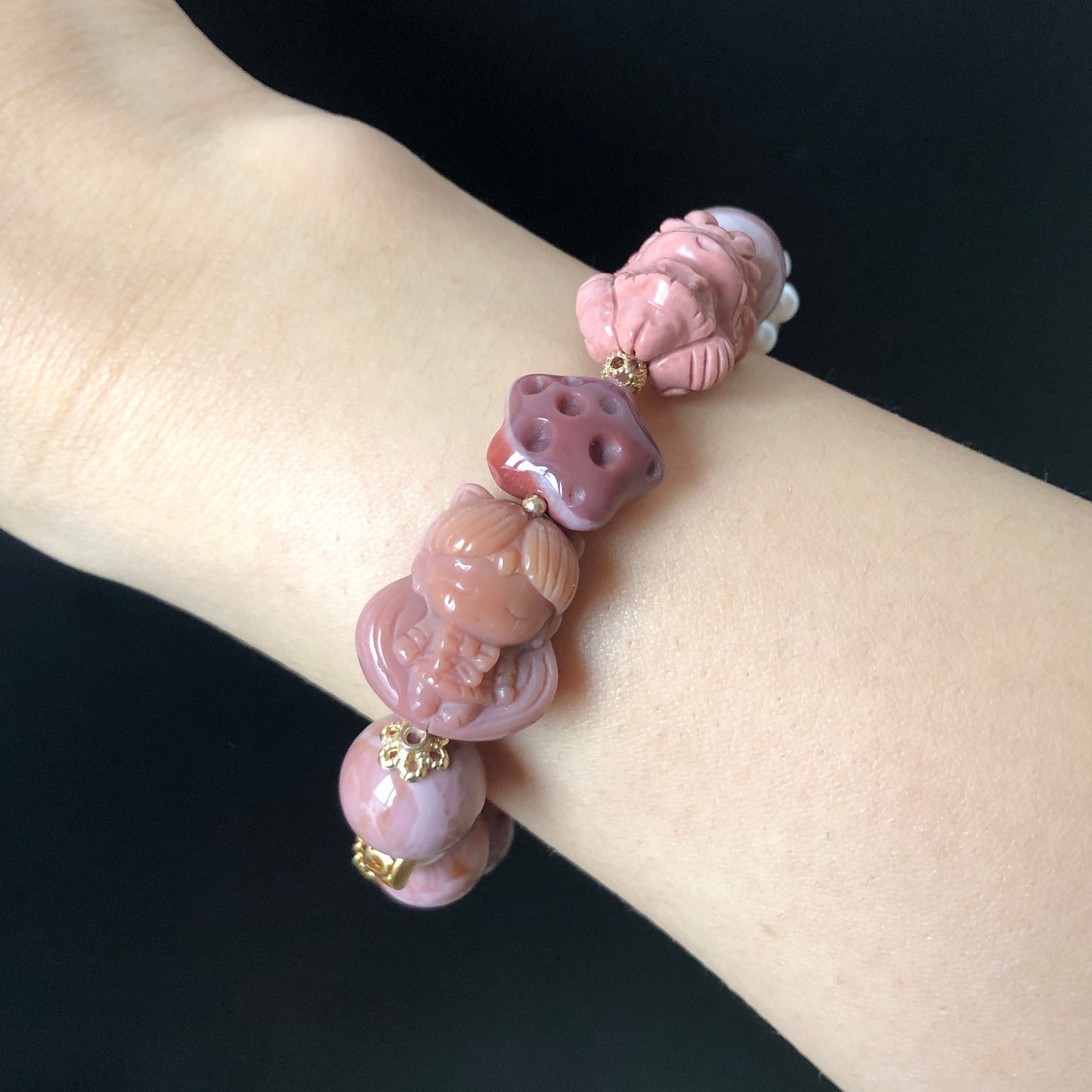 Alashan Agate Sailor Moon & Sailor Mars handmade Carved Charm Dangler Bead Bracelet | Dried Rose | Gemstone Jewellery | DIY Crystal gift