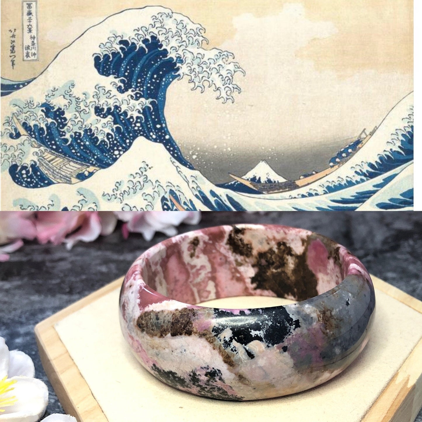 59.3mm Natural Rhodonite Stone Bangle | Ukiyo-e | Porcelain Blue with Black Ink | Japanese Painting | Pink Crystal Gemstone Bracelet Gift