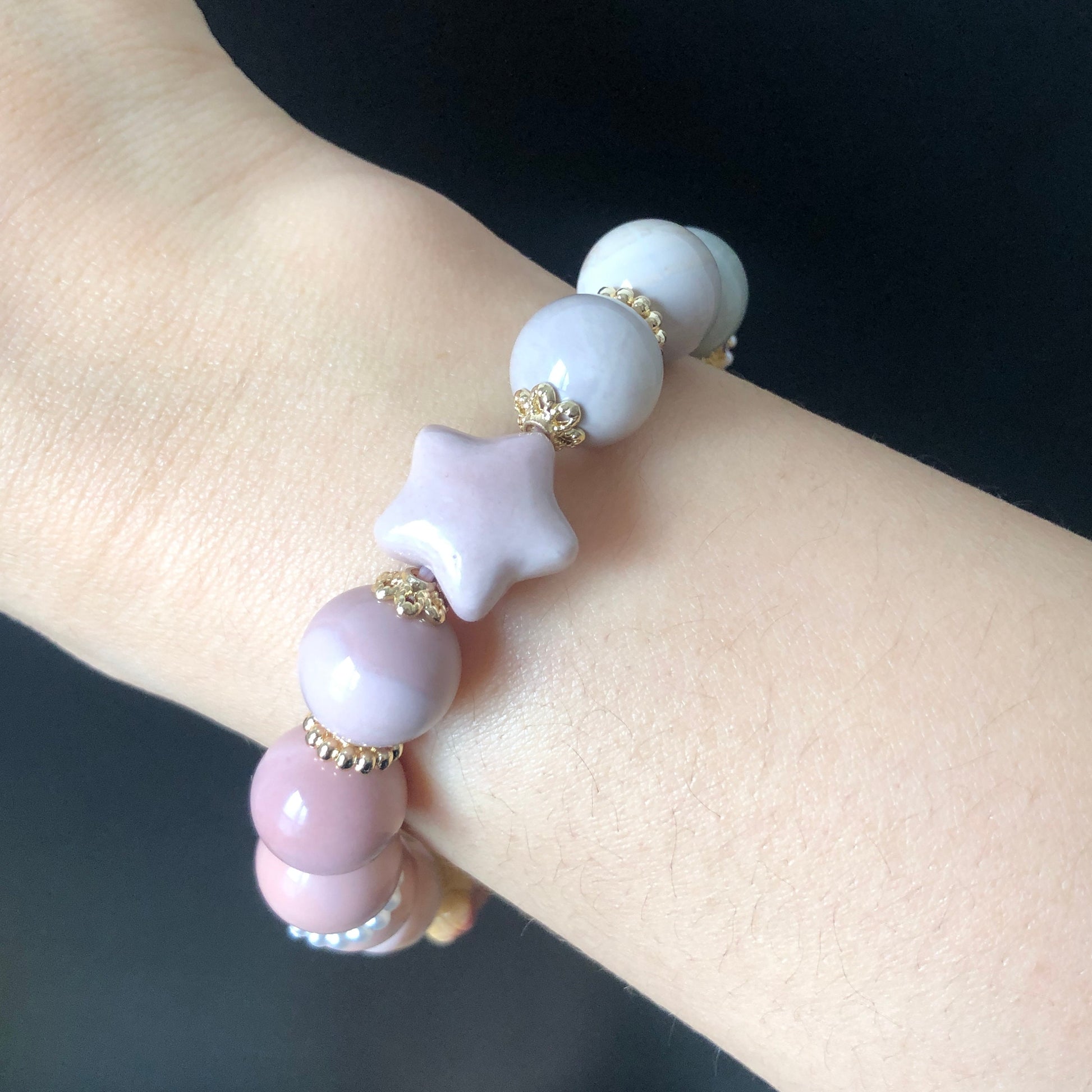 Natural Alashan Agate Bead Sailor Moon & Tuxedo Mask Carved Charm Shell Pearl Handmade Bead Bracelet | Macaroon DIY Crystal Stone Bracelet