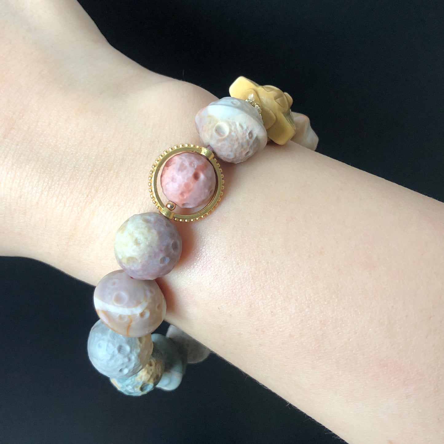 Alashan Agate astronaut with Planet, Meteorite, Star and Plane carved Charm Bead Bracelet | Swirl Pattern | Crystal Gemstone DIY Bracelet