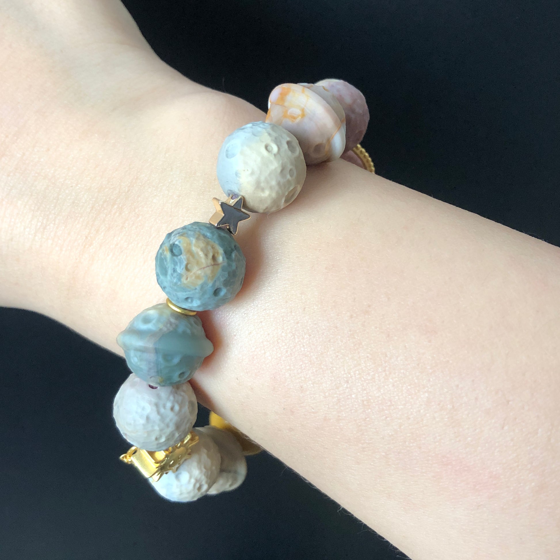 Alashan Agate astronaut with Planet, Meteorite, Star and Plane carved Charm Bead Bracelet | Swirl Pattern | Crystal Gemstone DIY Bracelet