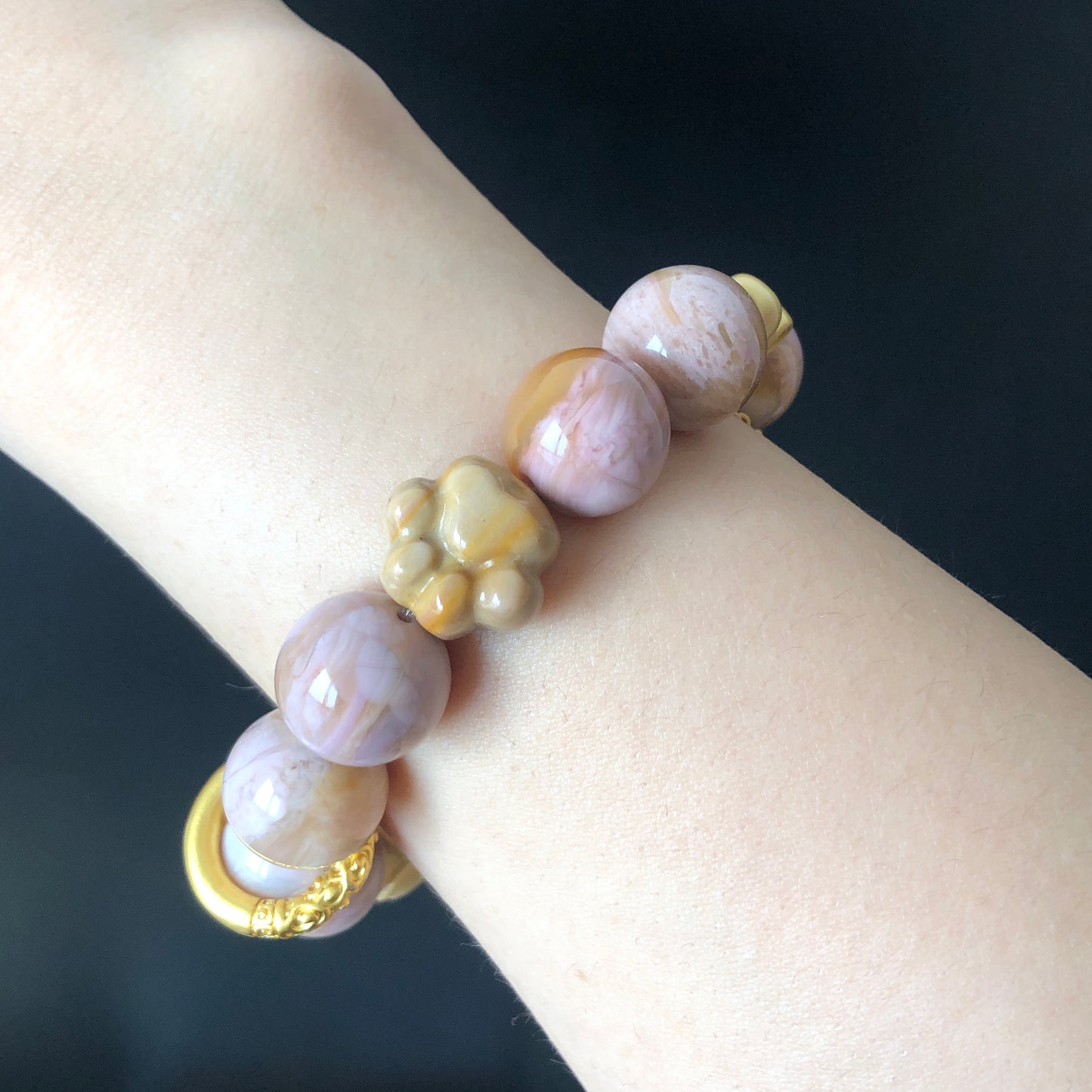 Natural Amber Bear and Alashan Agate carved charm DIY handmade tailormade bracelet | Pink Mango | Cat Paw, Rose and Heart | Healing Crystal