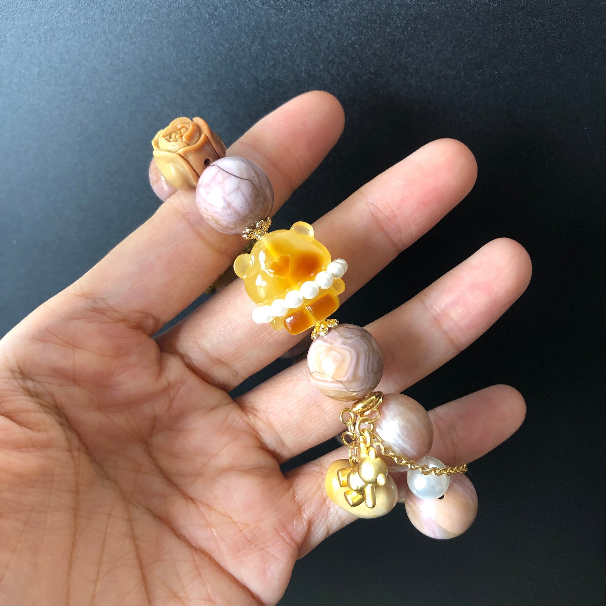 Natural Amber Bear and Alashan Agate carved charm DIY handmade tailormade bracelet | Pink Mango | Cat Paw, Rose and Heart | Healing Crystal