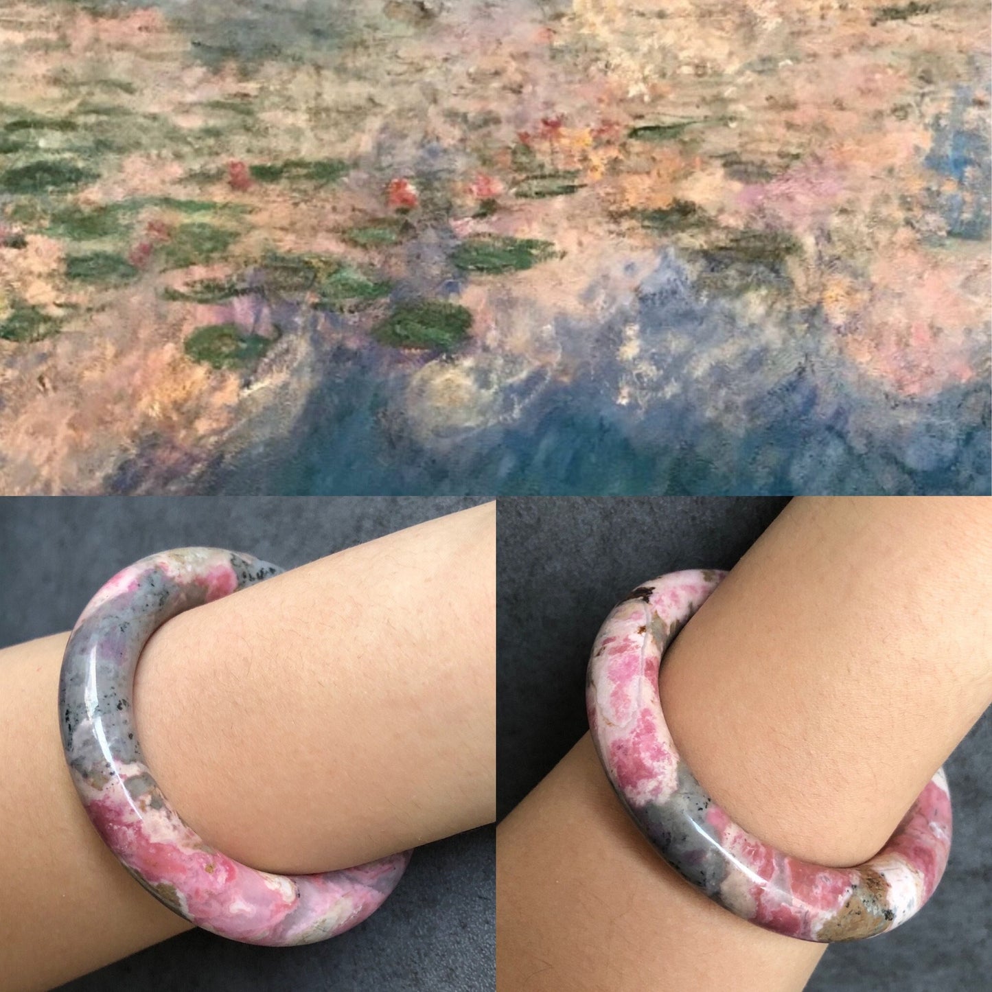 56.5mm Natural Rhodonite Stone Bangle | Water Lilies | Impressionism | Monet Painting | Blue and Baby Pink | Crystal Gemstone Bracelet Women