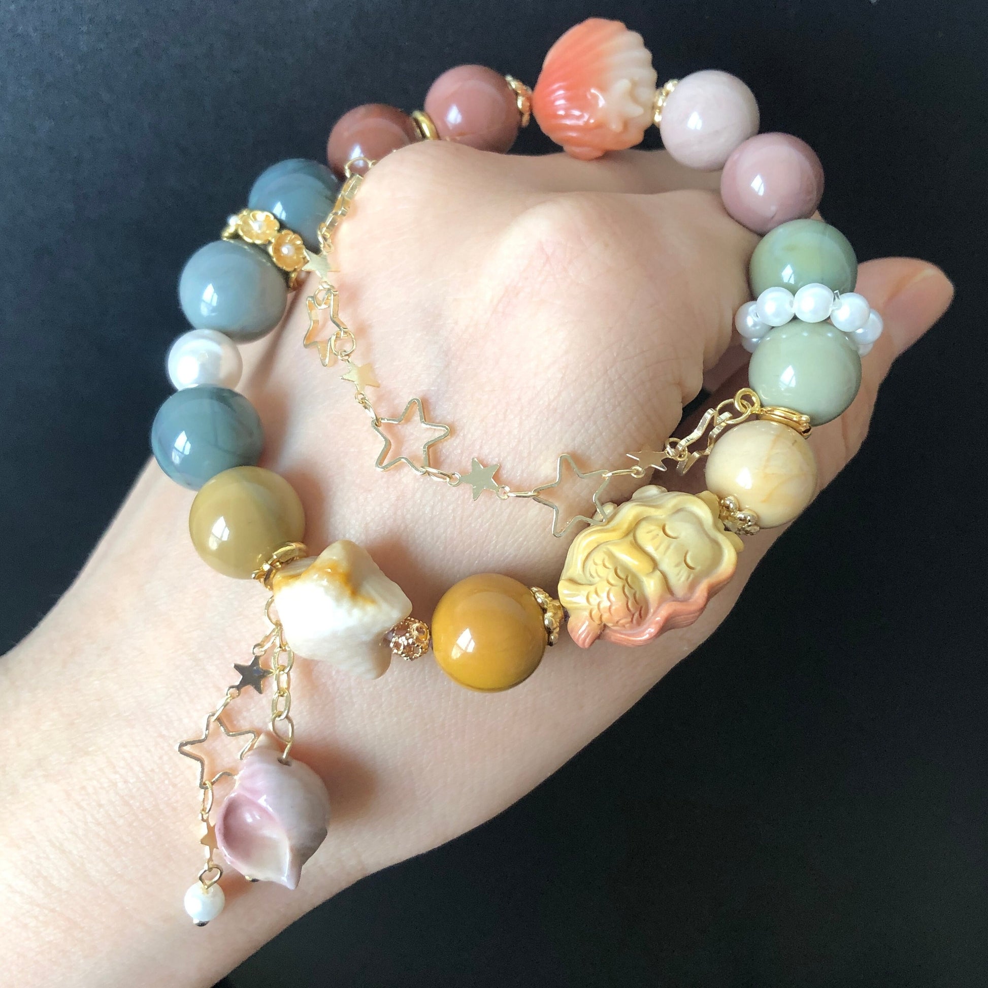 Natural Alashan Agate Mermaid with Star Fish, Sea Snail, Seashell dangler Charm Bead Bracelet | Gradient Rainbow | Crystal Gemstone DIY