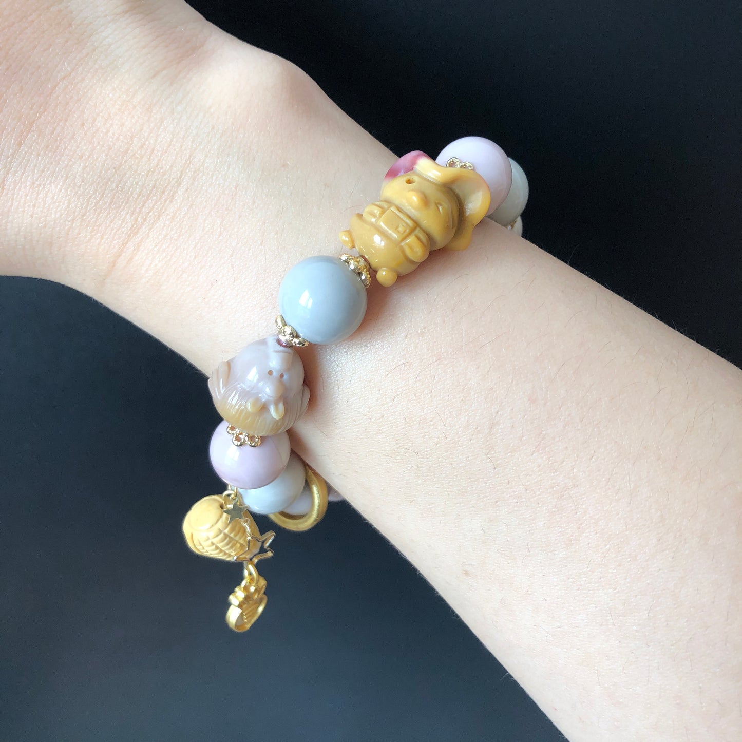 Alashan Agate Happy Farm with Duck Sheriff, Hen, Radish and Corn carved Charm Dangler Bracelet | Pastel Macaroon | tailor made crystal