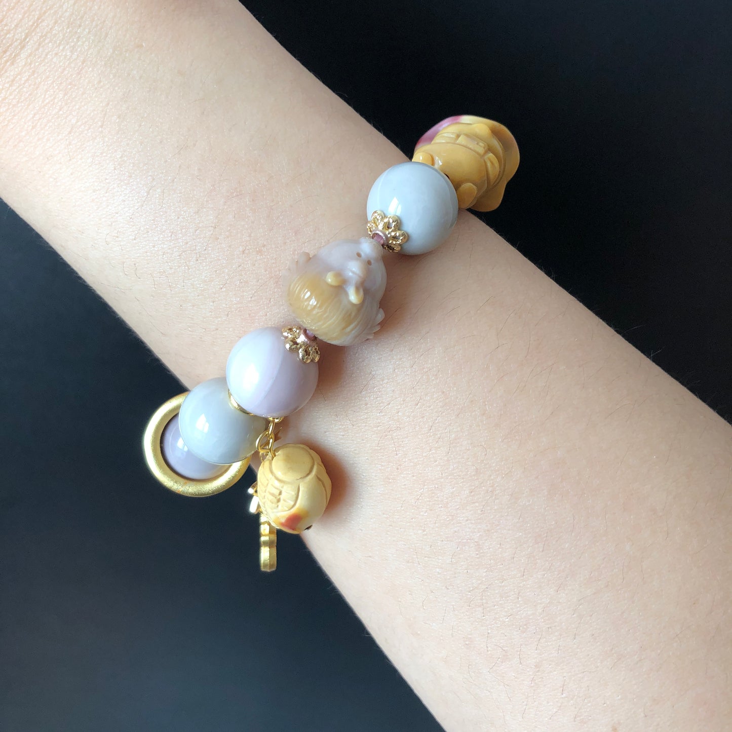 Alashan Agate Happy Farm with Duck Sheriff, Hen, Radish and Corn carved Charm Dangler Bracelet | Pastel Macaroon | tailor made crystal