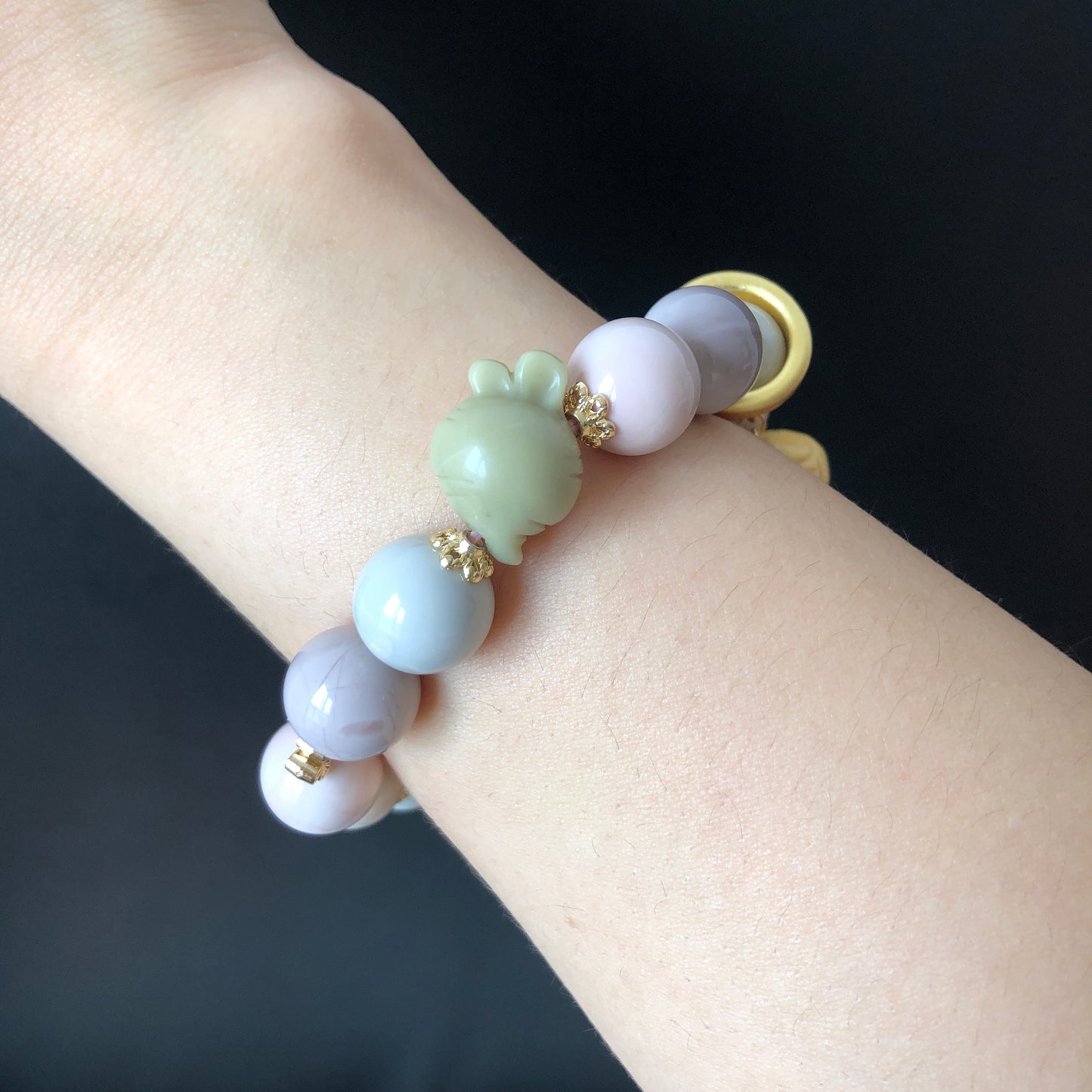 Alashan Agate Happy Farm with Duck Sheriff, Hen, Radish and Corn carved Charm Dangler Bracelet | Pastel Macaroon | tailor made crystal