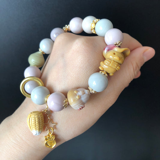 Alashan Agate Happy Farm with Duck Sheriff, Hen, Radish and Corn carved Charm Dangler Bracelet | Pastel Macaroon | tailor made crystal